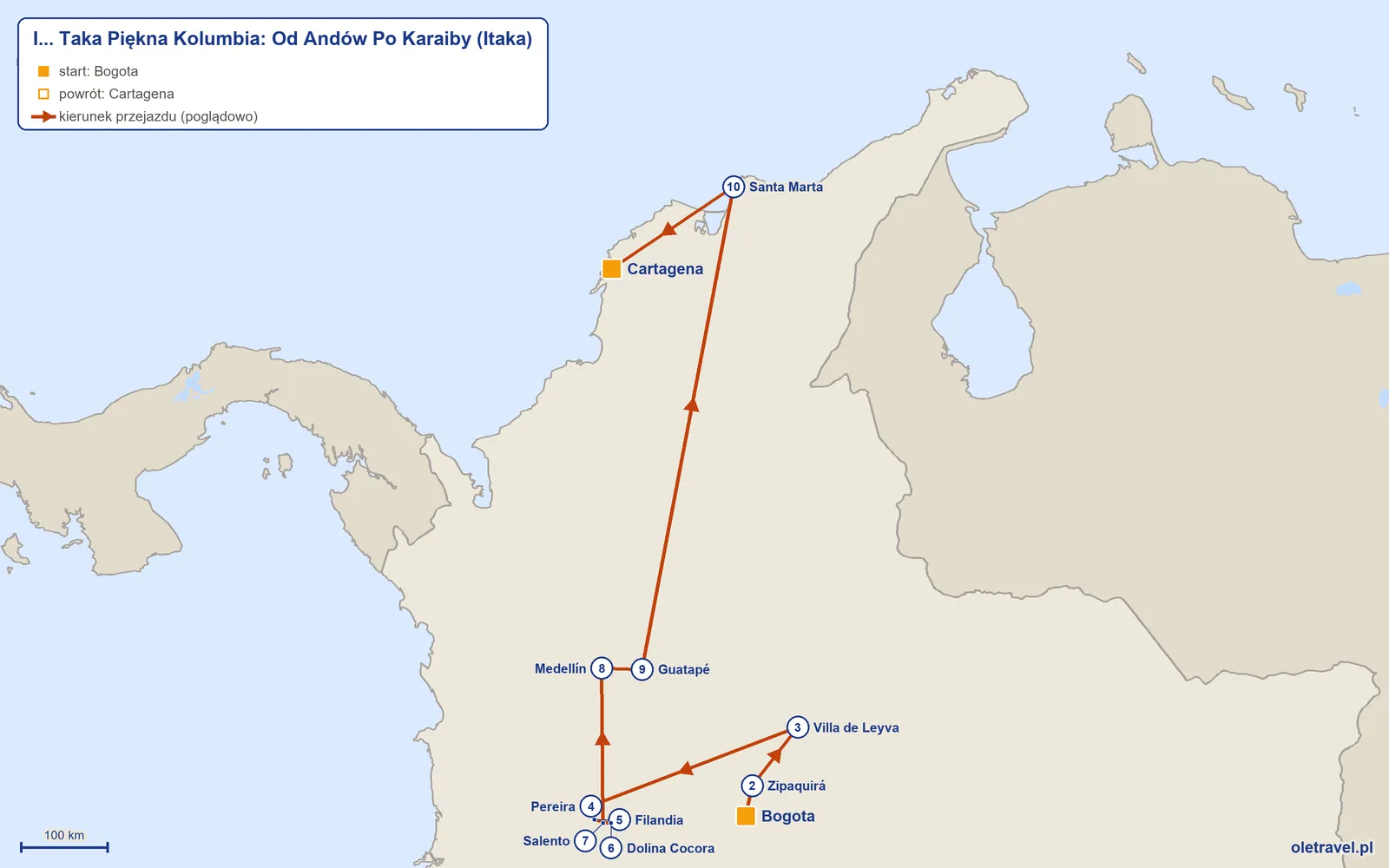 Mapa trasy wycieczki „I... Taka Piękna Kolumbia: Od Andów Po Karaiby” z Itaką: Bogota – Zipaquirá – Villa de Leyva – Pereira – Filandia – Dolina Cocora – Salento – Medellín – Guatapé – Santa Marta – Cartagena