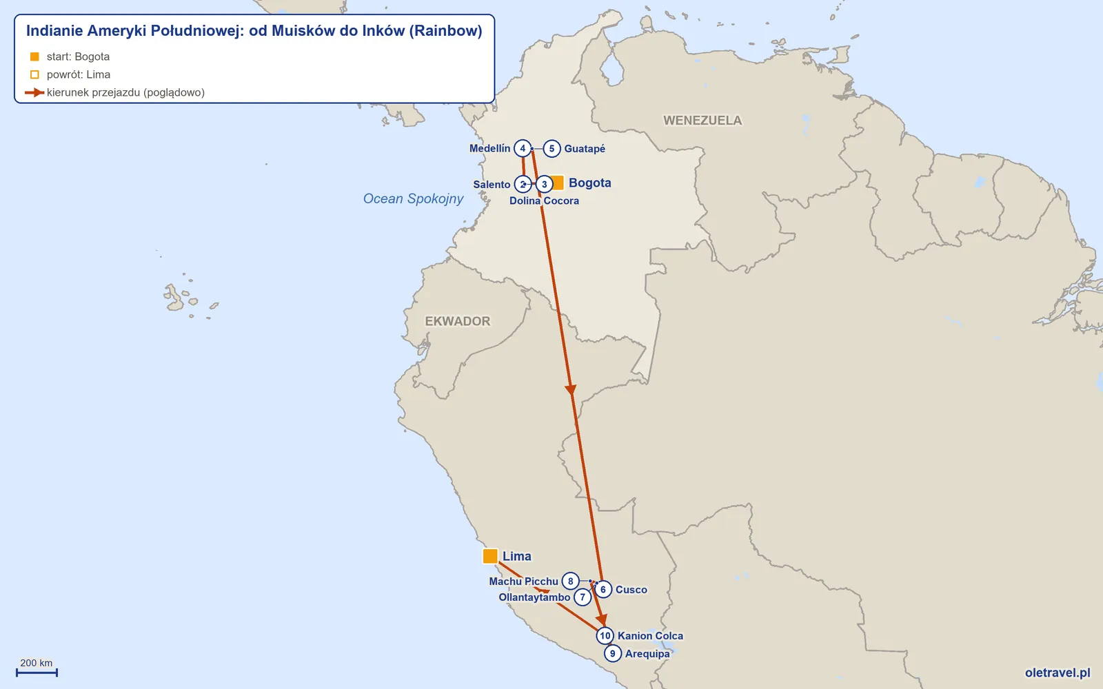 Mapa trasy wycieczki „Indianie Ameryki Południowej: od Muisków do Inków” z Rainbow: Bogota – Salento – Dolina Cocora – Medellín – Guatapé – Cusco – Ollantaytambo – Machu Picchu – Arequipa – Kanion Colca – Lima