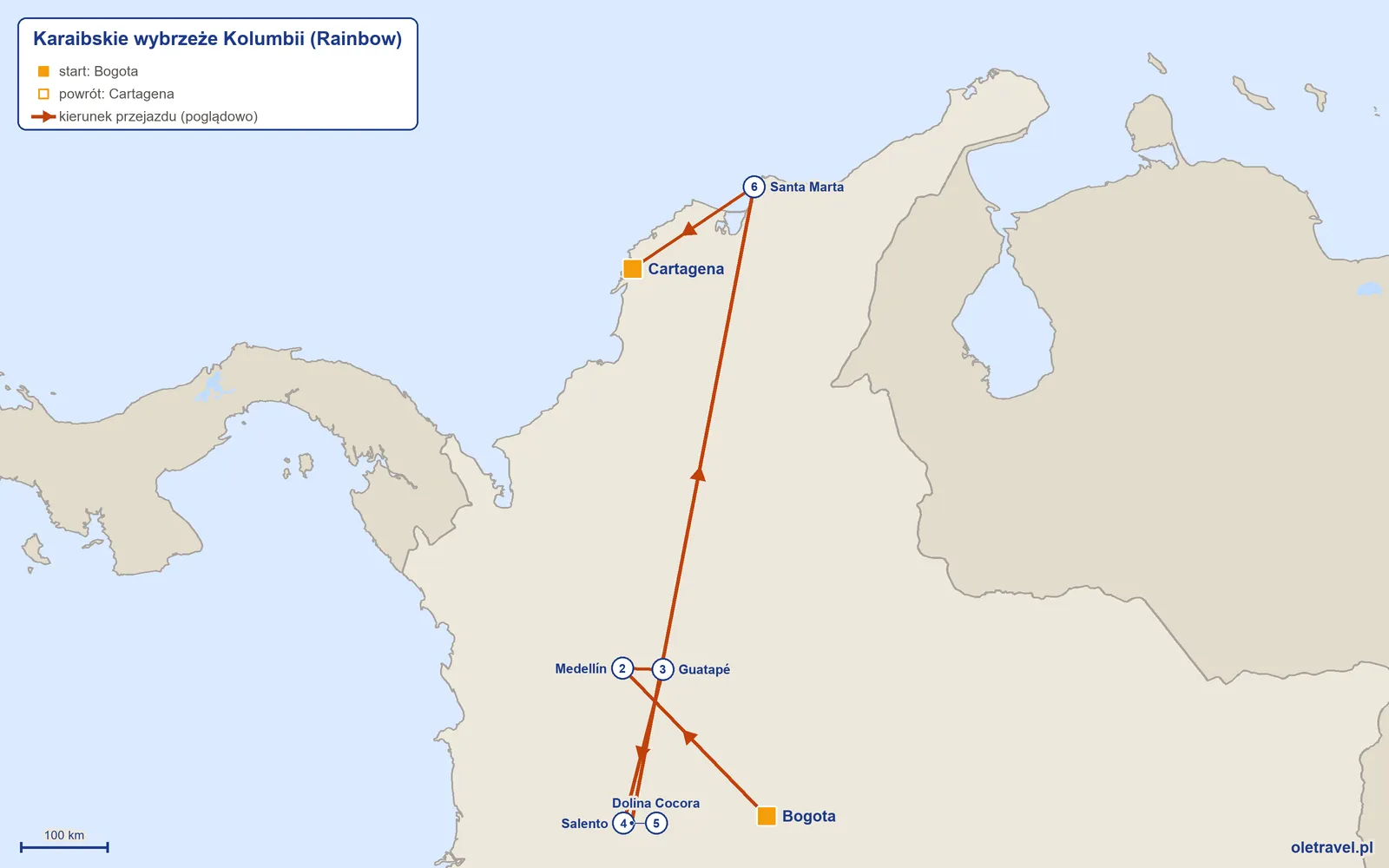 Mapa trasy wycieczki „Karaibskie wybrzeże Kolumbii” z Rainbow: Bogota – Medellín – Guatapé – Salento – Dolina Cocora – Santa Marta – Cartagena