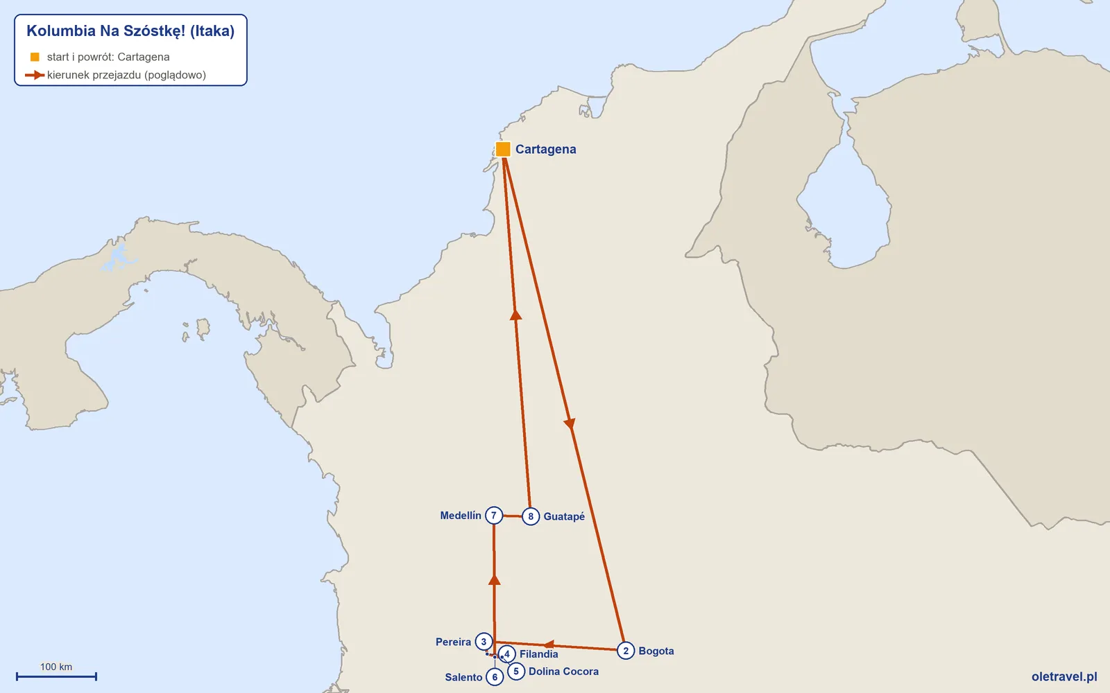 Mapa trasy wycieczki „Kolumbia Na Szóstkę!” z Itaką: Cartagena – Bogota – Pereira – Filandia – Dolina Cocora – Salento – Medellín – Guatapé – Cartagena