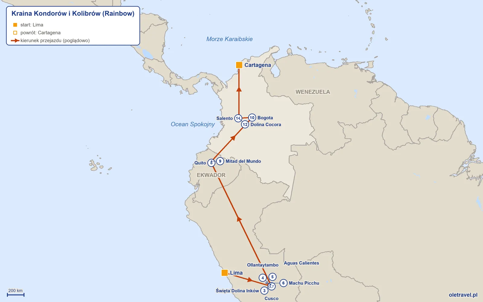 Mapa trasy wycieczki „Kraina Kondorów i Kolibrów” z Rainbow: Lima – Cusco – Święta Dolina Inków – Ollantaytambo – Aguas Calientes – Machu Picchu – Cusco – Quito – Mitad del Mundo – Bogota – Salento – Dolina Cocora – Cartagena