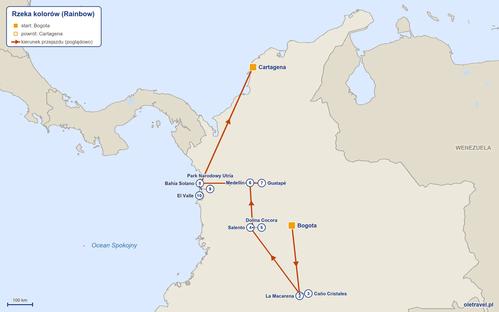 Mapa trasy wycieczki „Rzeka kolorów” z Rainbow: Bogota – La Macarena – Caño Cristales – Salento – Dolina Cocora – Medellín – Guatapé – Bahía Solano – Park Narodowy Utría – El Valle – Cartagena