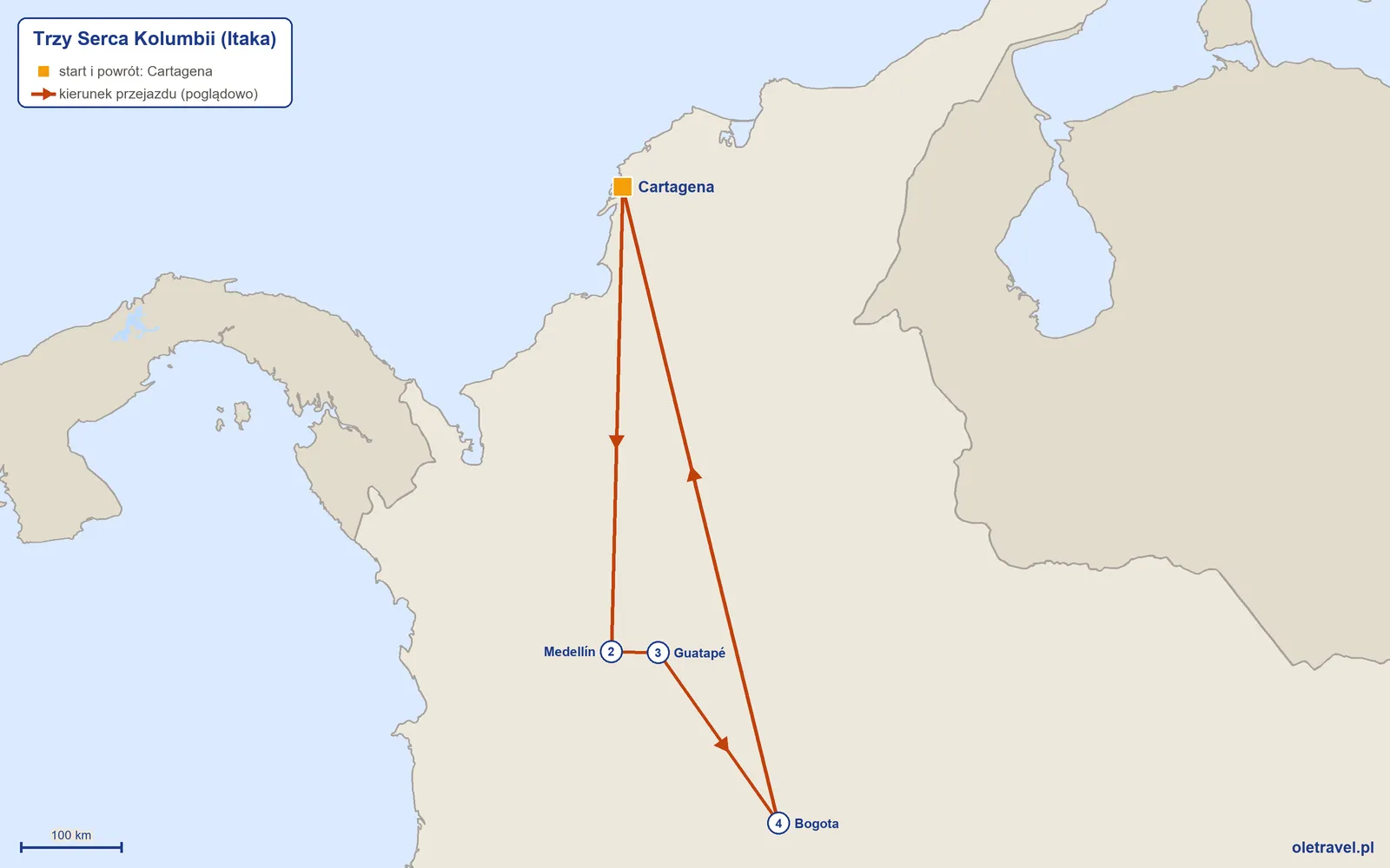 Mapa trasy wycieczki „Trzy Serca Kolumbii” z Itaką: Cartagena – Medellín – Guatapé – Bogota – Cartagena