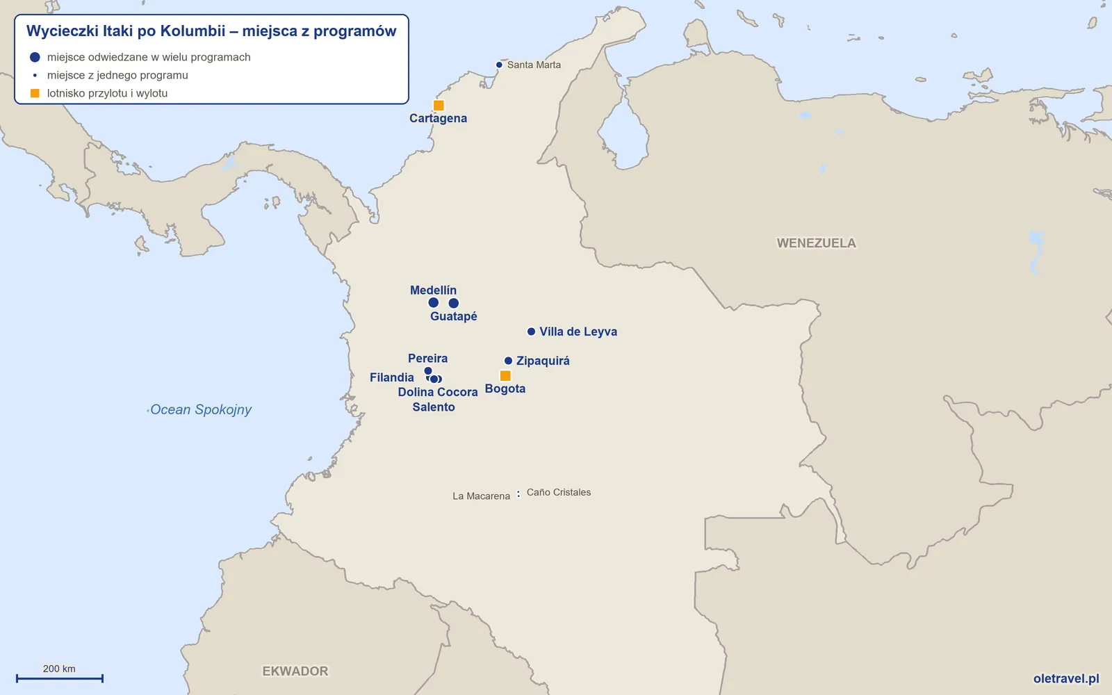 Mapa: Kolumbia z miejscami z programów wycieczek objazdowych Itaki