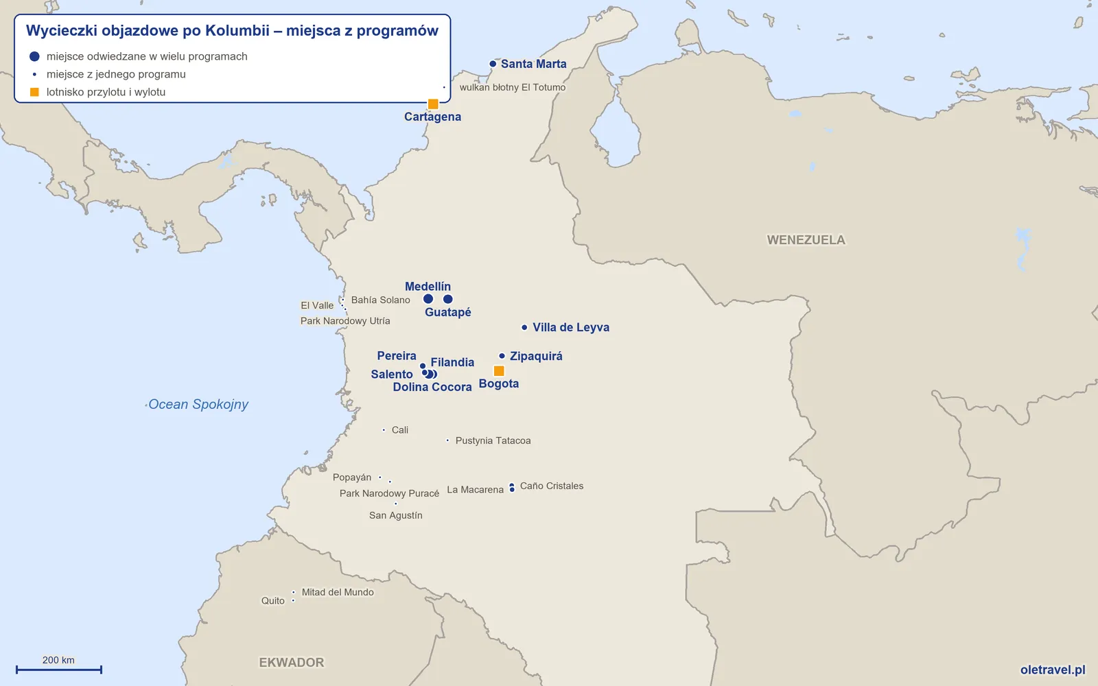 Mapa: Kolumbia z miejscami odwiedzanymi na wycieczkach objazdowych z naszej oferty