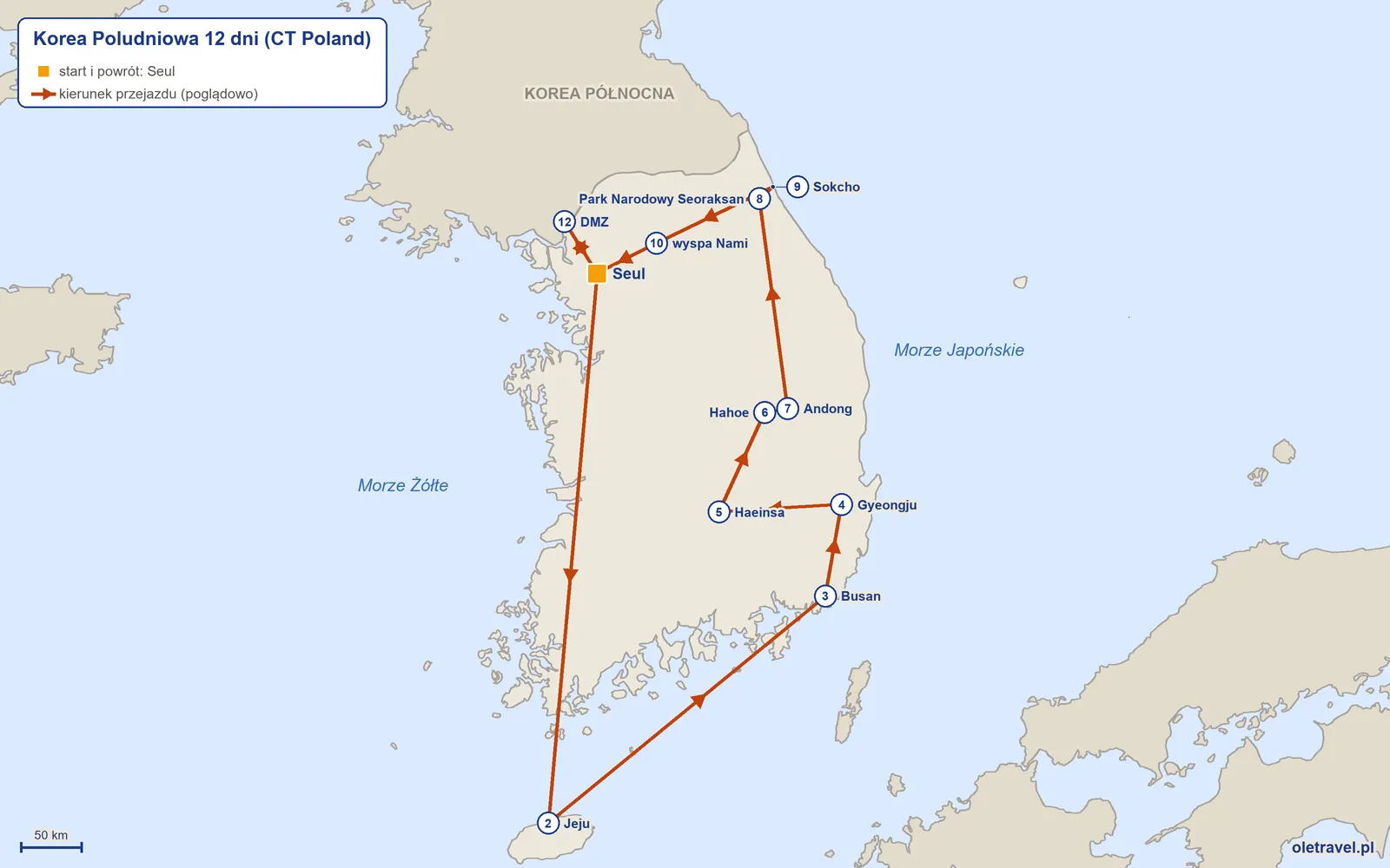 Mapa trasy wycieczki „Korea Poludniowa 12 dni” z CT Poland: Seul – Jeju – Busan – Gyeongju – Haeinsa – Hahoe – Andong – Park Narodowy Seoraksan – Sokcho – wyspa Nami – Seul – DMZ – Seul