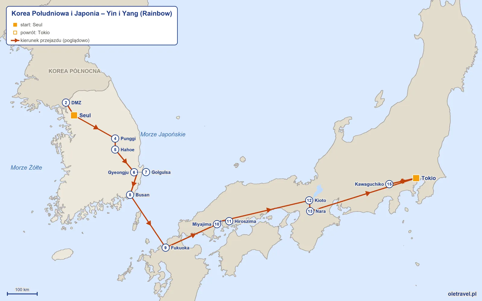Mapa trasy wycieczki „Korea Południowa i Japonia – Yin i Yang” z Rainbow: Seul – DMZ – Seul – Punggi – Hahoe – Gyeongju – Golgulsa – Busan – Fukuoka – Miyajima – Hiroszima – Kioto – Nara – Tokio – Kawaguchiko – Tokio