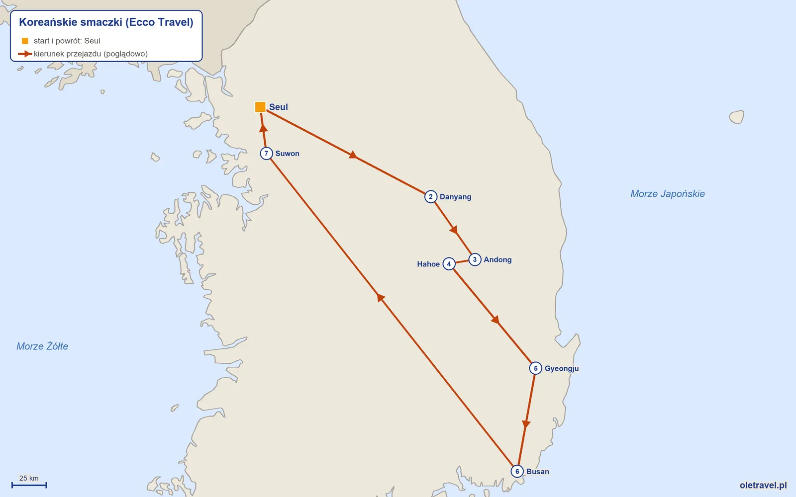 Mapa trasy wycieczki „Koreańskie smaczki” z Ecco Travel: Seul – Danyang – Andong – Hahoe – Gyeongju – Busan – Suwon – Seul