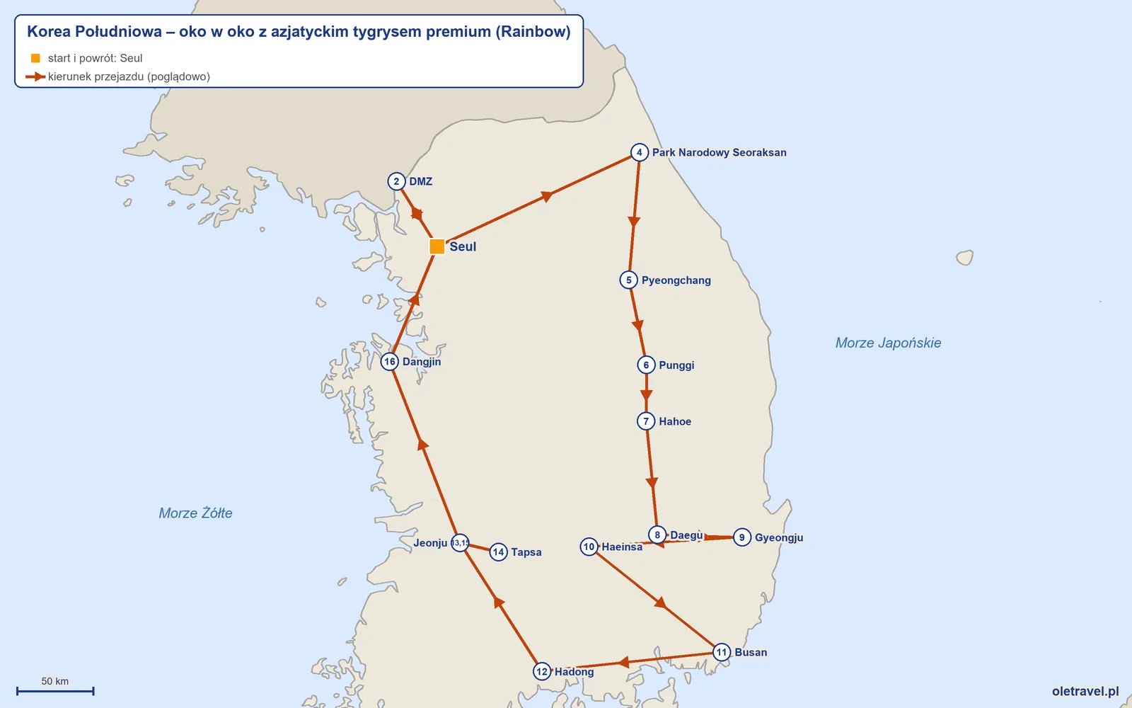 Mapa trasy wycieczki „Korea Południowa – oko w oko z azjatyckim tygrysem premium” z Rainbow: Seul – DMZ – Seul – Park Narodowy Seoraksan – Pyeongchang – Punggi – Hahoe – Daegu – Gyeongju – Haeinsa – Busan – Hadong – Jeonju – Tapsa – Jeonju – Dangjin – Seul