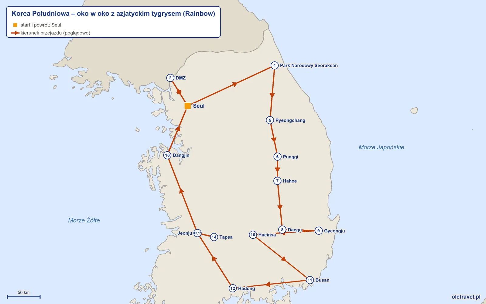 Mapa trasy wycieczki „Korea Południowa – oko w oko z azjatyckim tygrysem” z Rainbow: Seul – DMZ – Seul – Park Narodowy Seoraksan – Pyeongchang – Punggi – Hahoe – Daegu – Gyeongju – Haeinsa – Busan – Hadong – Jeonju – Tapsa – Jeonju – Dangjin – Seul