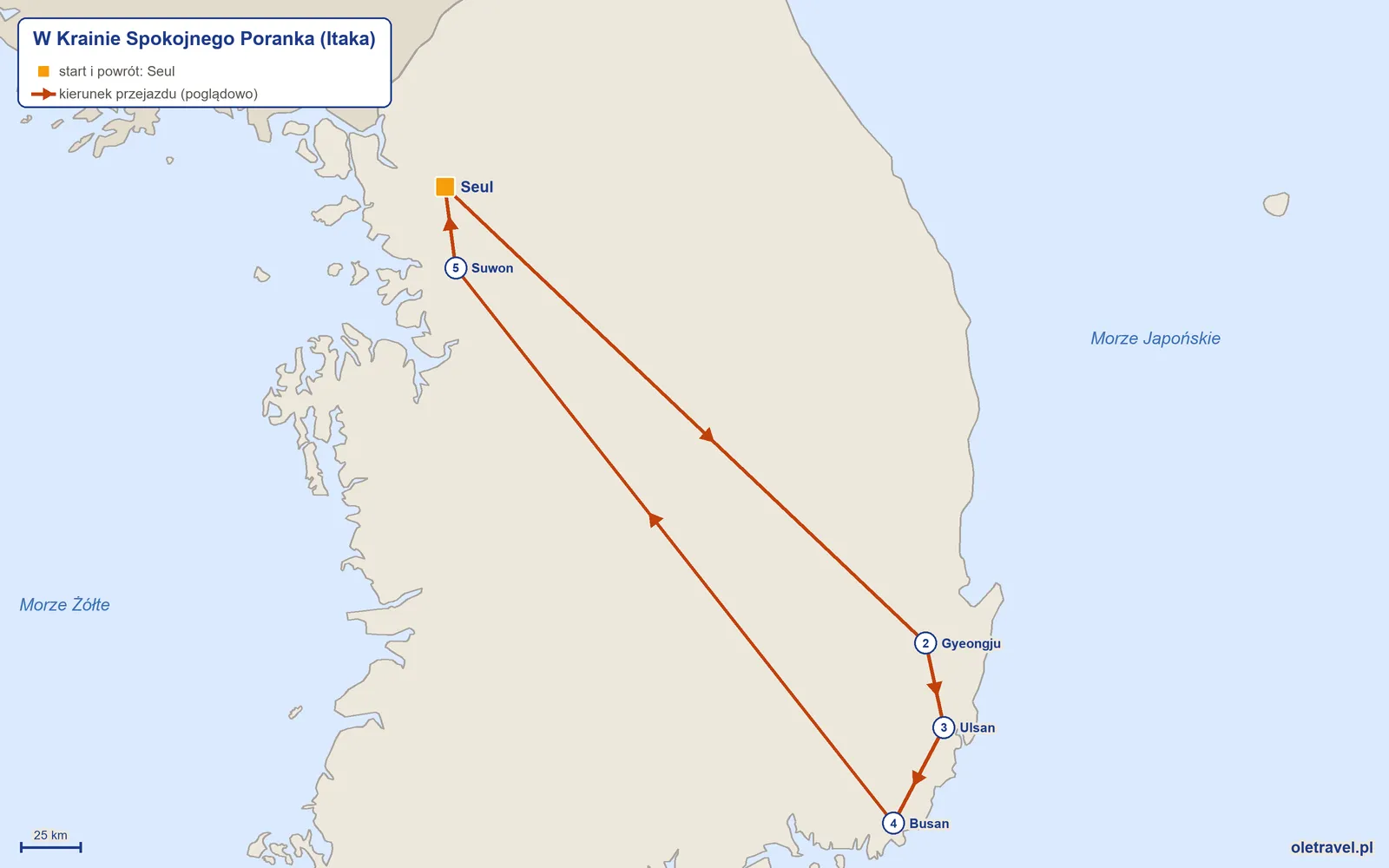 Mapa trasy wycieczki „W Krainie Spokojnego Poranka” z Itaką: Seul – Gyeongju – Ulsan – Busan – Suwon – Seul