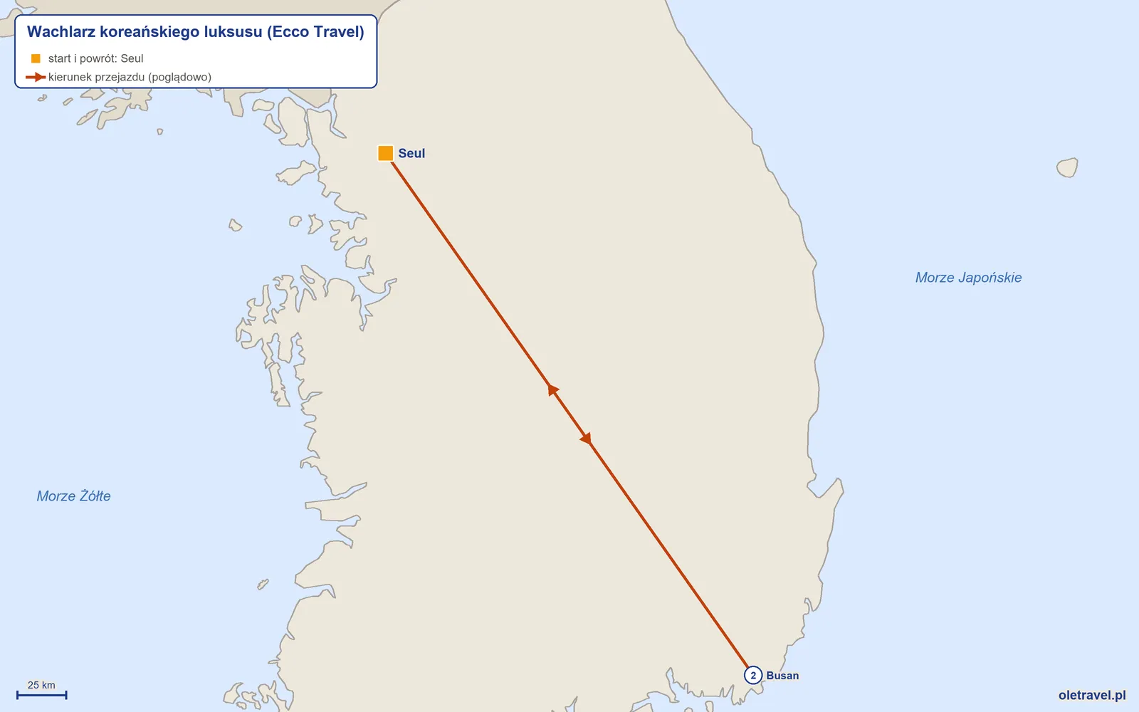 Mapa trasy wycieczki „Wachlarz koreańskiego luksusu” z Ecco Travel: Seul – Busan – Seul