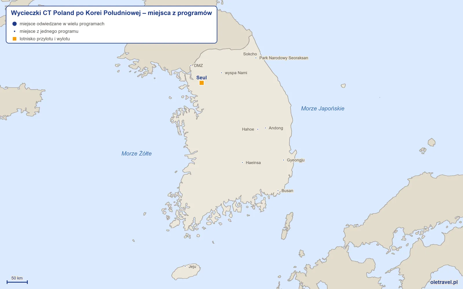 Mapa: Korea Południowa z miejscami z programów wycieczek objazdowych CT Poland