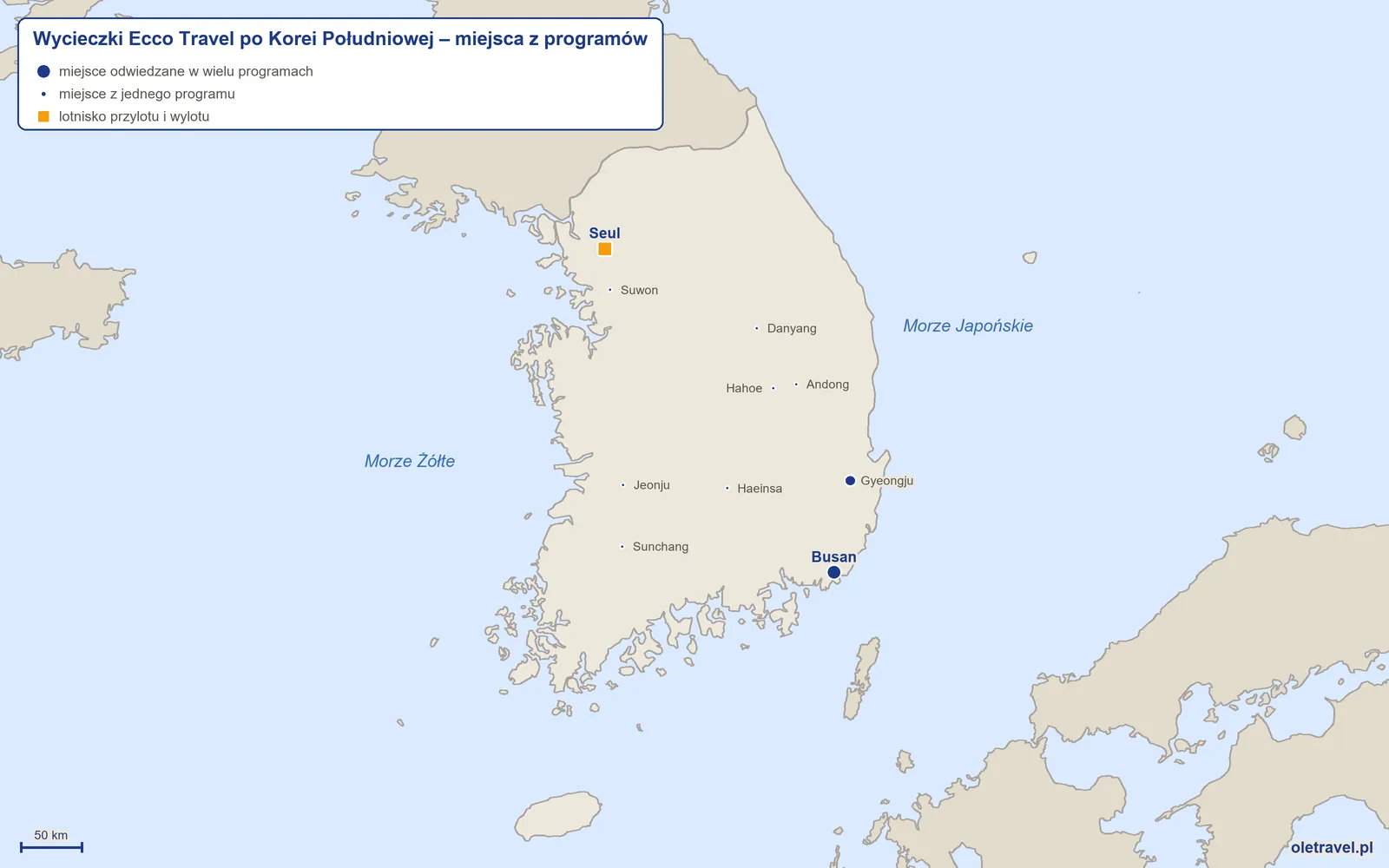 Mapa: Korea Południowa z miejscami z programów wycieczek objazdowych Ecco Travel