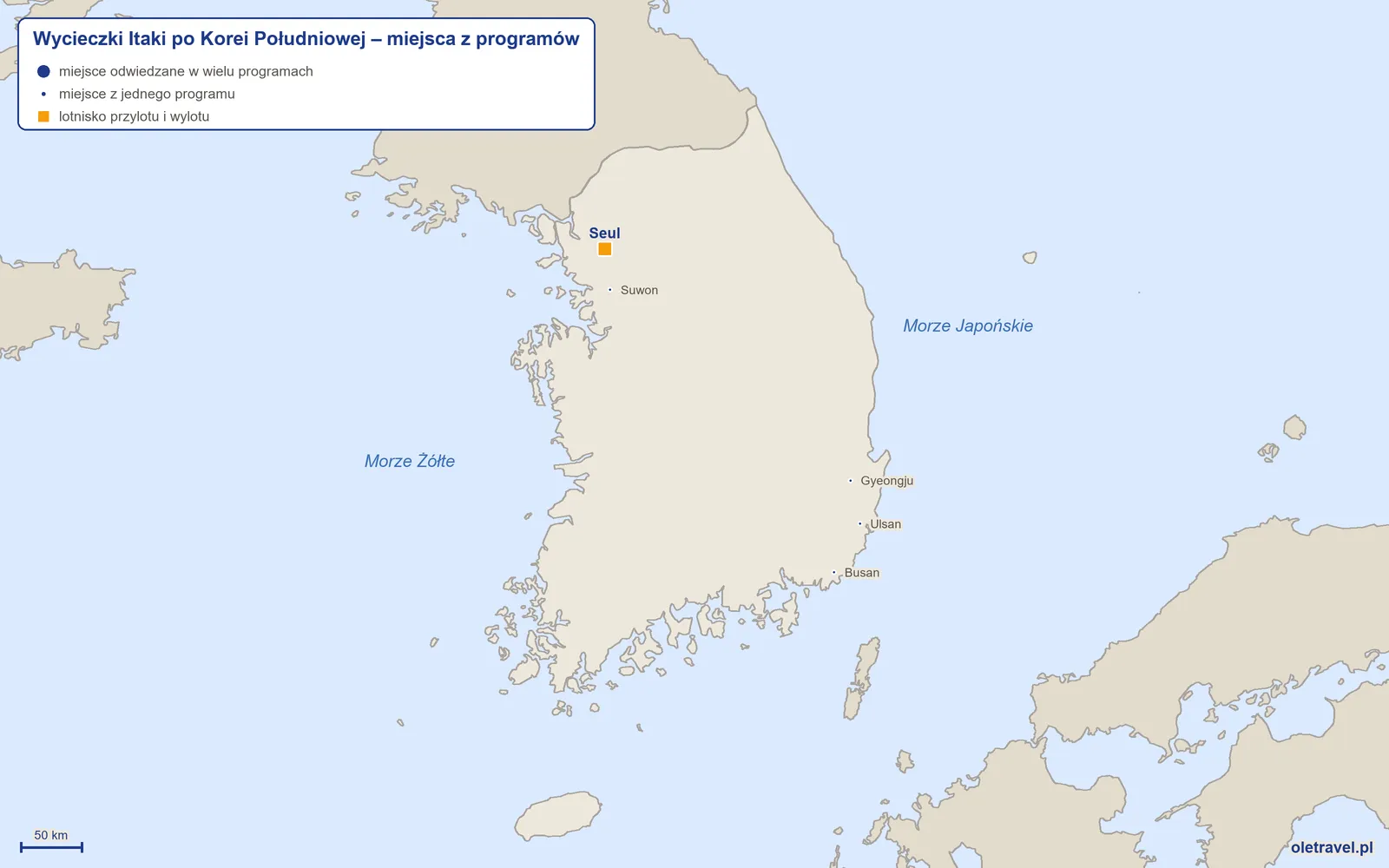 Mapa: Korea Południowa z miejscami z programów wycieczek objazdowych Itaki