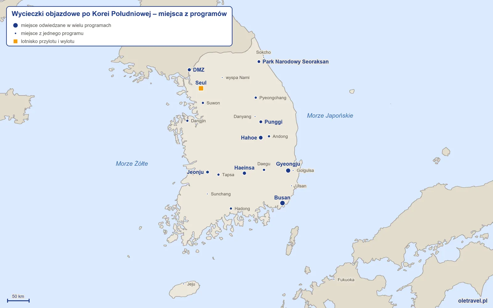 Mapa: Korea Południowa z miejscami odwiedzanymi na wycieczkach objazdowych z naszej oferty