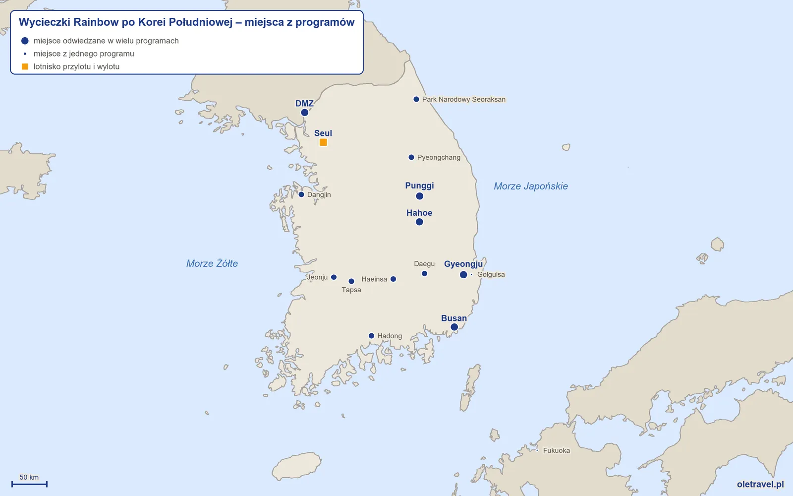 Mapa: Korea Południowa z miejscami z programów wycieczek objazdowych Rainbow