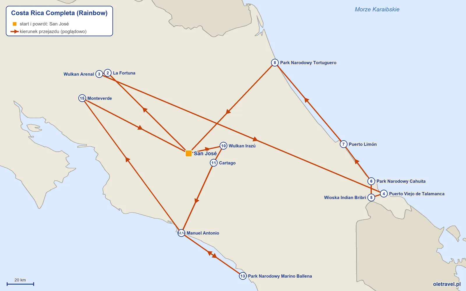 Mapa trasy wycieczki „Costa Rica Completa” z Rainbow: San José – La Fortuna – Wulkan Arenal – Puerto Viejo de Talamanca – Wioska Indian Bribri – Park Narodowy Cahuita – Puerto Limón – Park Narodowy Tortuguero – San José – Wulkan Irazú – Cartago – Manuel Antonio – Park Narodowy Marino Ballena – Manuel Antonio – Monteverde – San José