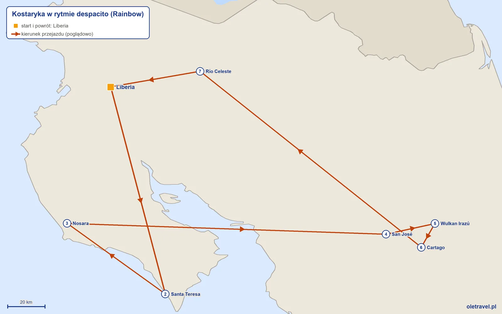 Mapa trasy wycieczki „Kostaryka w rytmie despacito” z Rainbow: Liberia – Santa Teresa – Nosara – San José – Wulkan Irazú – Cartago – Río Celeste – Liberia