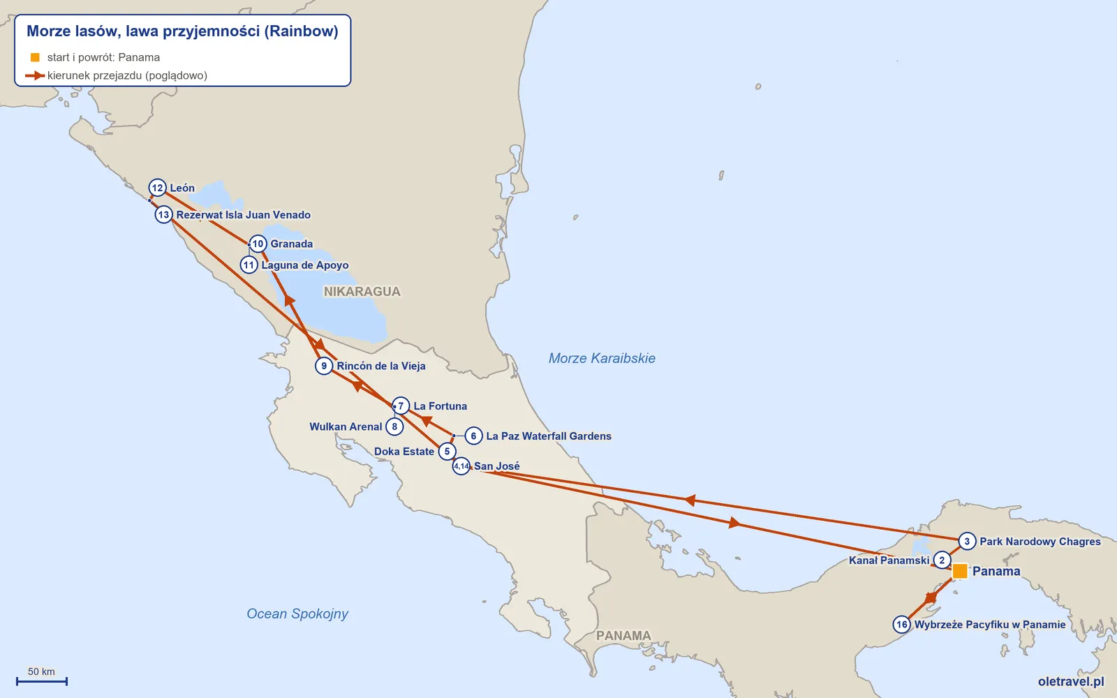 Mapa trasy wycieczki „Morze lasów, lawa przyjemności” z Rainbow: Panama – Kanał Panamski – Park Narodowy Chagres – San José – Doka Estate – La Paz Waterfall Gardens – La Fortuna – Wulkan Arenal – Rincón de la Vieja – Granada – Laguna de Apoyo – León – Rezerwat Isla Juan Venado – San José – Panama – Wybrzeże Pacyfiku w Panamie – Panama