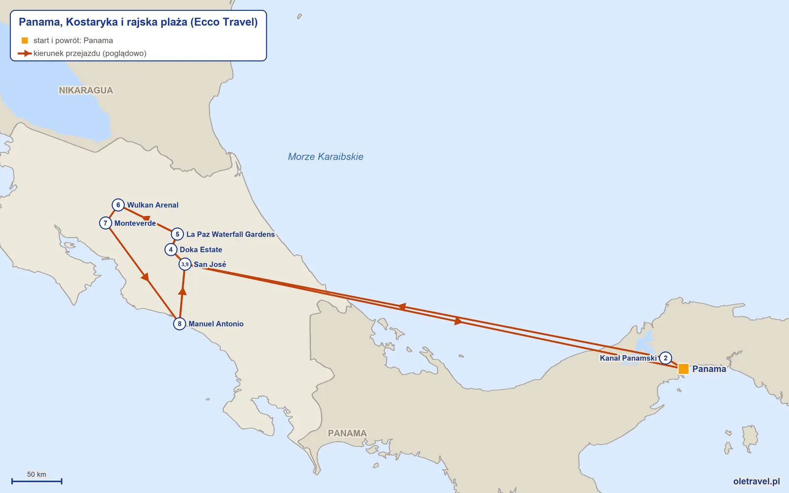 Mapa trasy wycieczki „Panama, Kostaryka i rajska plaża” z Ecco Travel: Panama – Kanał Panamski – San José – Doka Estate – La Paz Waterfall Gardens – Wulkan Arenal – Monteverde – Manuel Antonio – San José – Panama