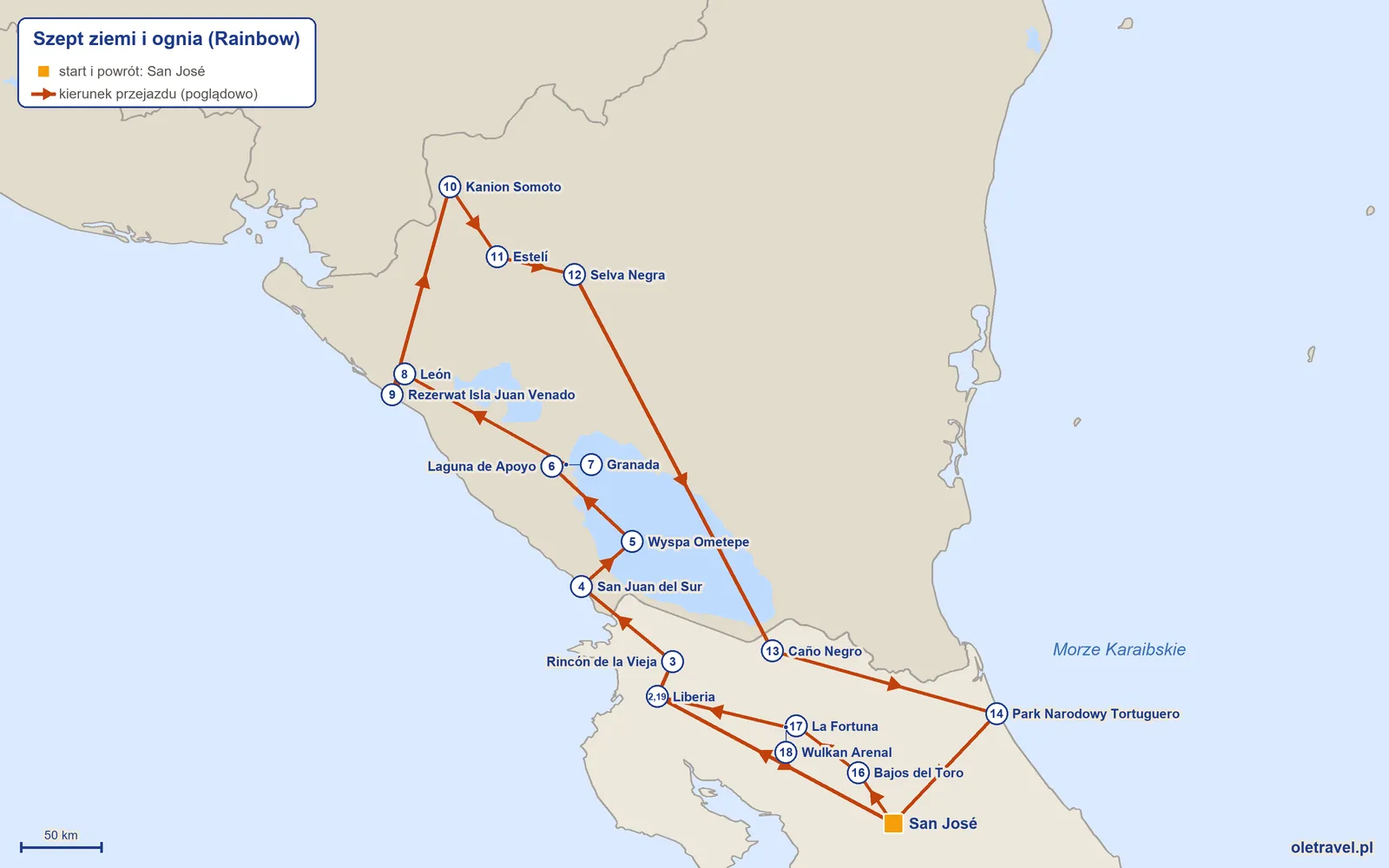 Mapa trasy wycieczki „Szept ziemi i ognia” z Rainbow: San José – Liberia – Rincón de la Vieja – San Juan del Sur – Wyspa Ometepe – Laguna de Apoyo – Granada – León – Rezerwat Isla Juan Venado – Kanion Somoto – Estelí – Selva Negra – Caño Negro – Park Narodowy Tortuguero – San José – Bajos del Toro – La Fortuna – Wulkan Arenal – Liberia – San José