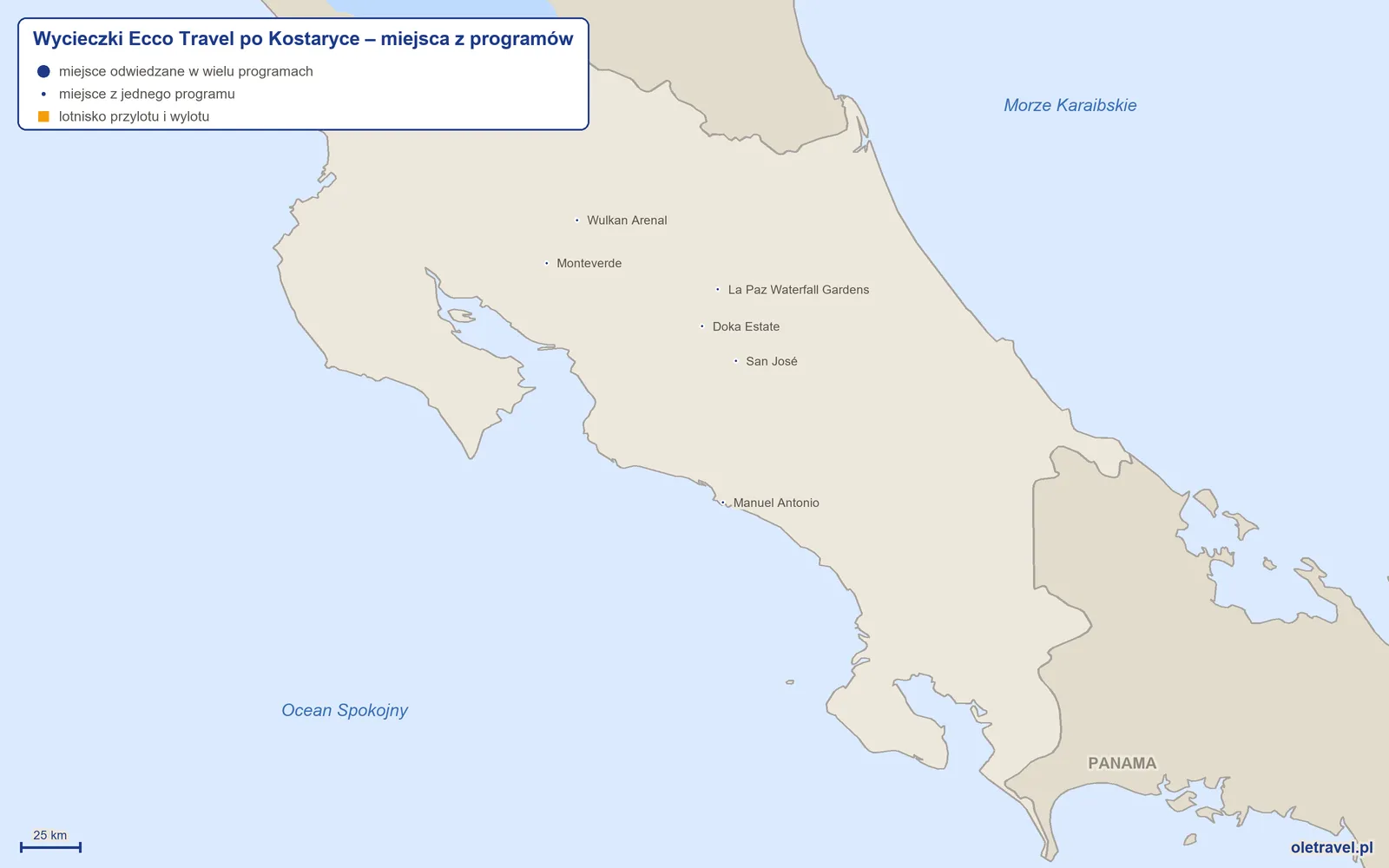 Mapa: Kostaryka z miejscami z programów wycieczek objazdowych Ecco Travel
