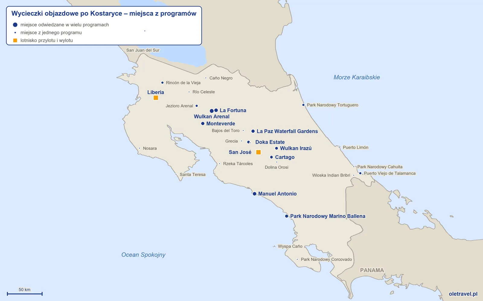 Mapa: Kostaryka z miejscami odwiedzanymi na wycieczkach objazdowych z naszej oferty