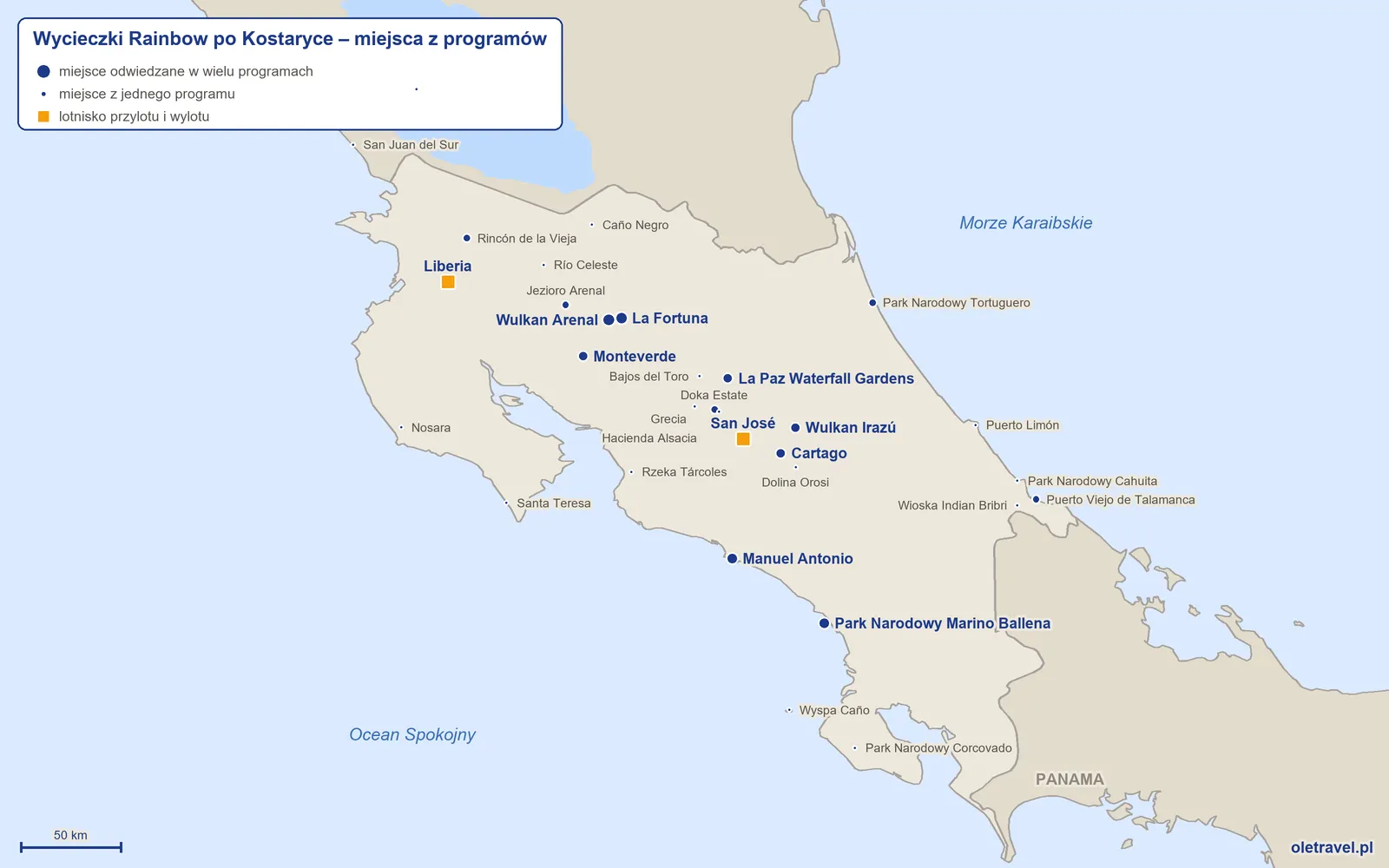 Mapa: Kostaryka z miejscami z programów wycieczek objazdowych Rainbow