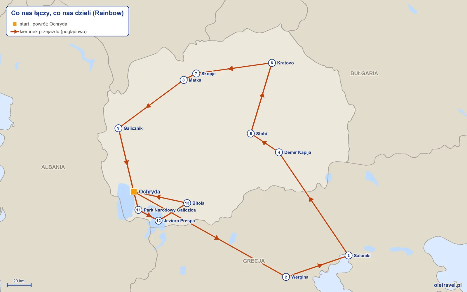 Mapa trasy wycieczki „Co nas łączy, co nas dzieli” z Rainbow: Ochryda – Wergina – Saloniki – Demir Kapija – Stobi – Kratovo – Skopje – Matka – Galicznik – Ochryda – Park Narodowy Galiczica – Jezioro Prespa – Bitola – Ochryda