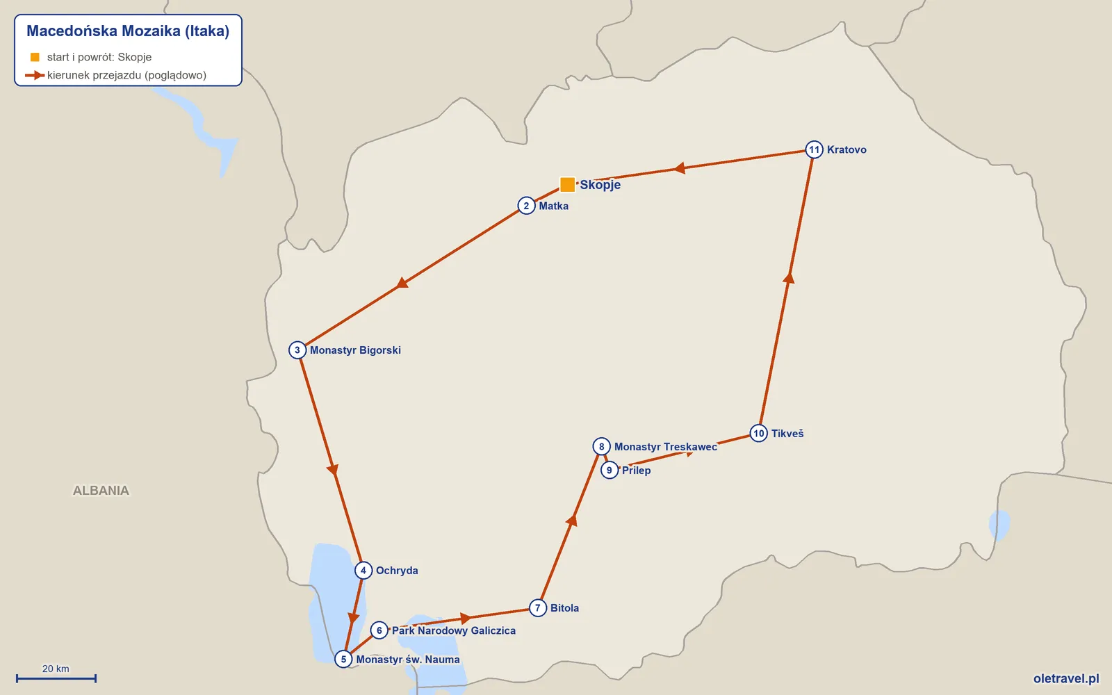 Mapa trasy wycieczki „Macedońska Mozaika” z Itaką: Skopje – Matka – Monastyr Bigorski – Ochryda – Monastyr św. Nauma – Park Narodowy Galiczica – Bitola – Monastyr Treskawec – Prilep – Tikveš – Kratovo – Skopje