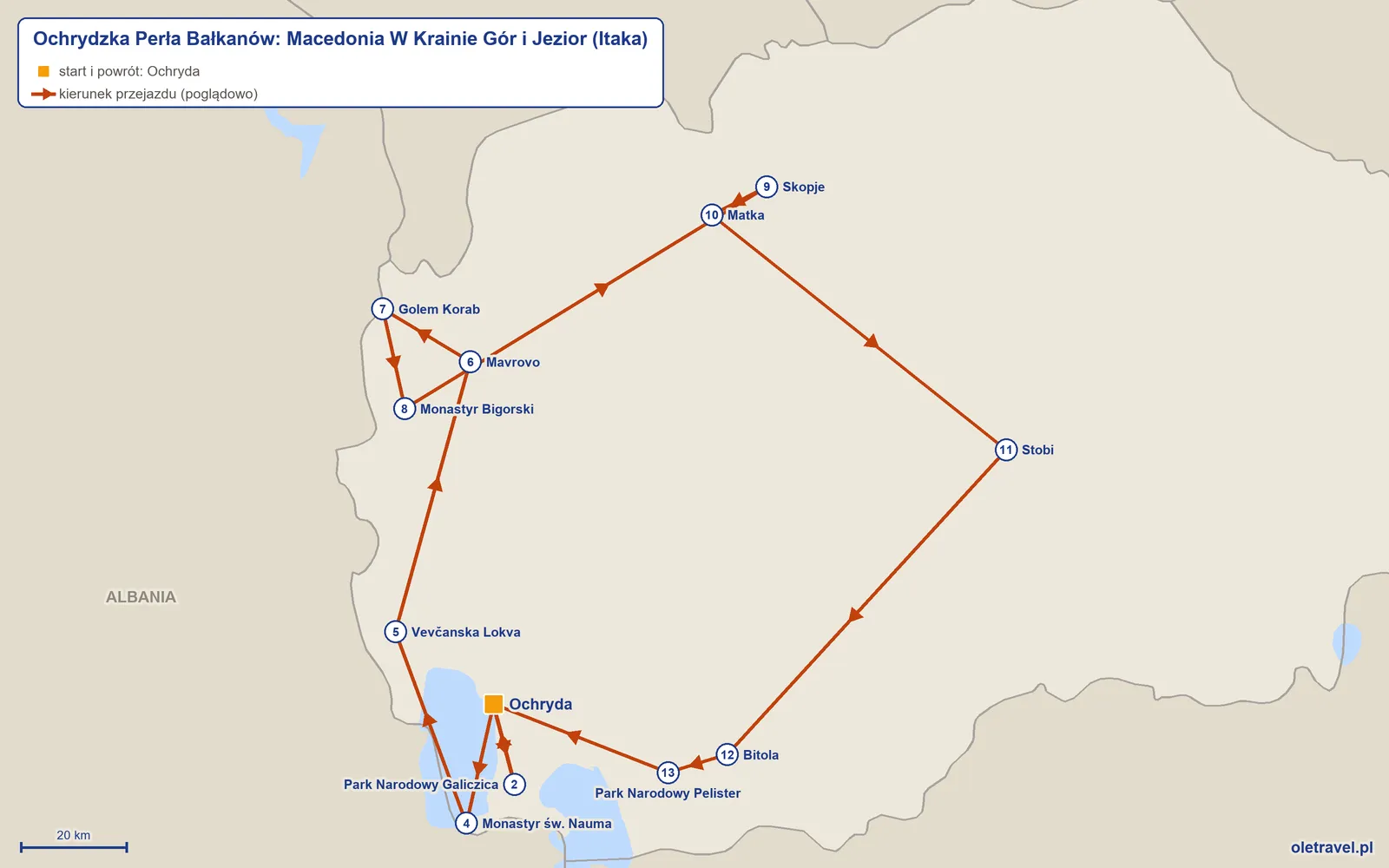 Mapa trasy wycieczki „Ochrydzka Perła Bałkanów: Macedonia W Krainie Gór i Jezior” z Itaką: Ochryda – Park Narodowy Galiczica – Ochryda – Monastyr św. Nauma – Vevčanska Lokva – Mavrovo – Golem Korab – Monastyr Bigorski – Skopje – Matka – Stobi – Bitola – Park Narodowy Pelister – Ochryda