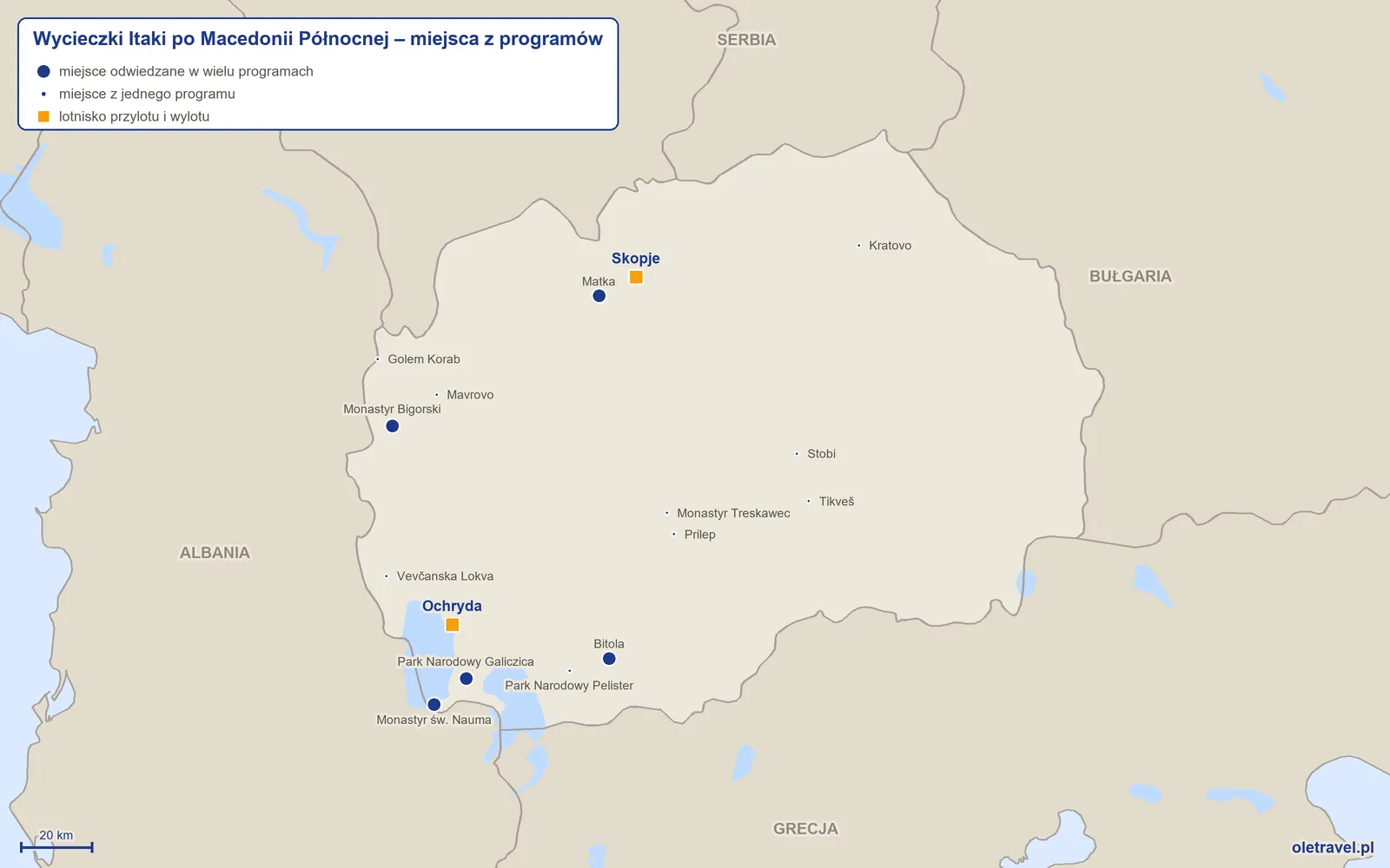 Mapa: Macedonia Północna z miejscami z programów wycieczek objazdowych Itaki