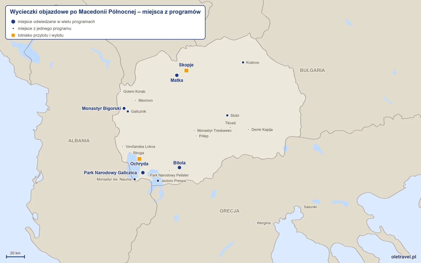 Mapa: Macedonia Północna z miejscami odwiedzanymi na wycieczkach objazdowych z naszej oferty