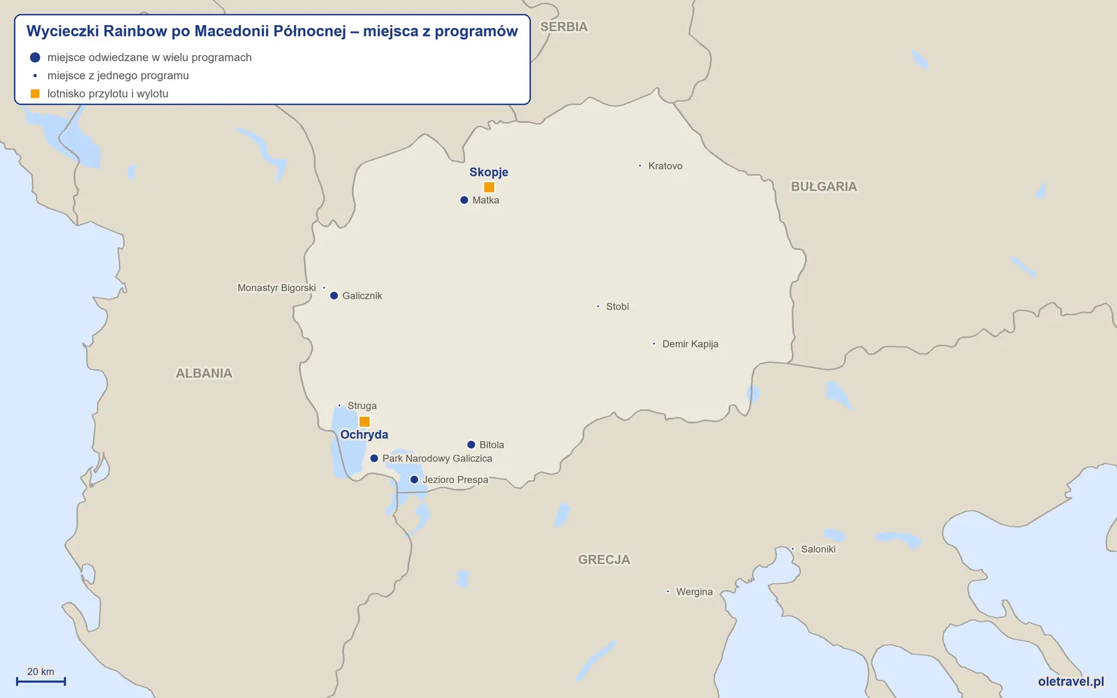 Mapa: Macedonia Północna z miejscami z programów wycieczek objazdowych Rainbow