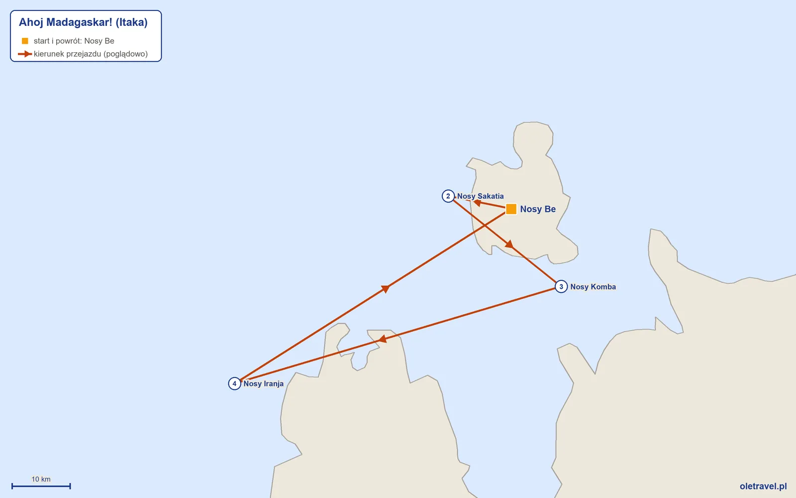 Mapa trasy wycieczki „Ahoj Madagaskar!” z Itaką: Nosy Be – Nosy Sakatia – Nosy Komba – Nosy Iranja – Nosy Be