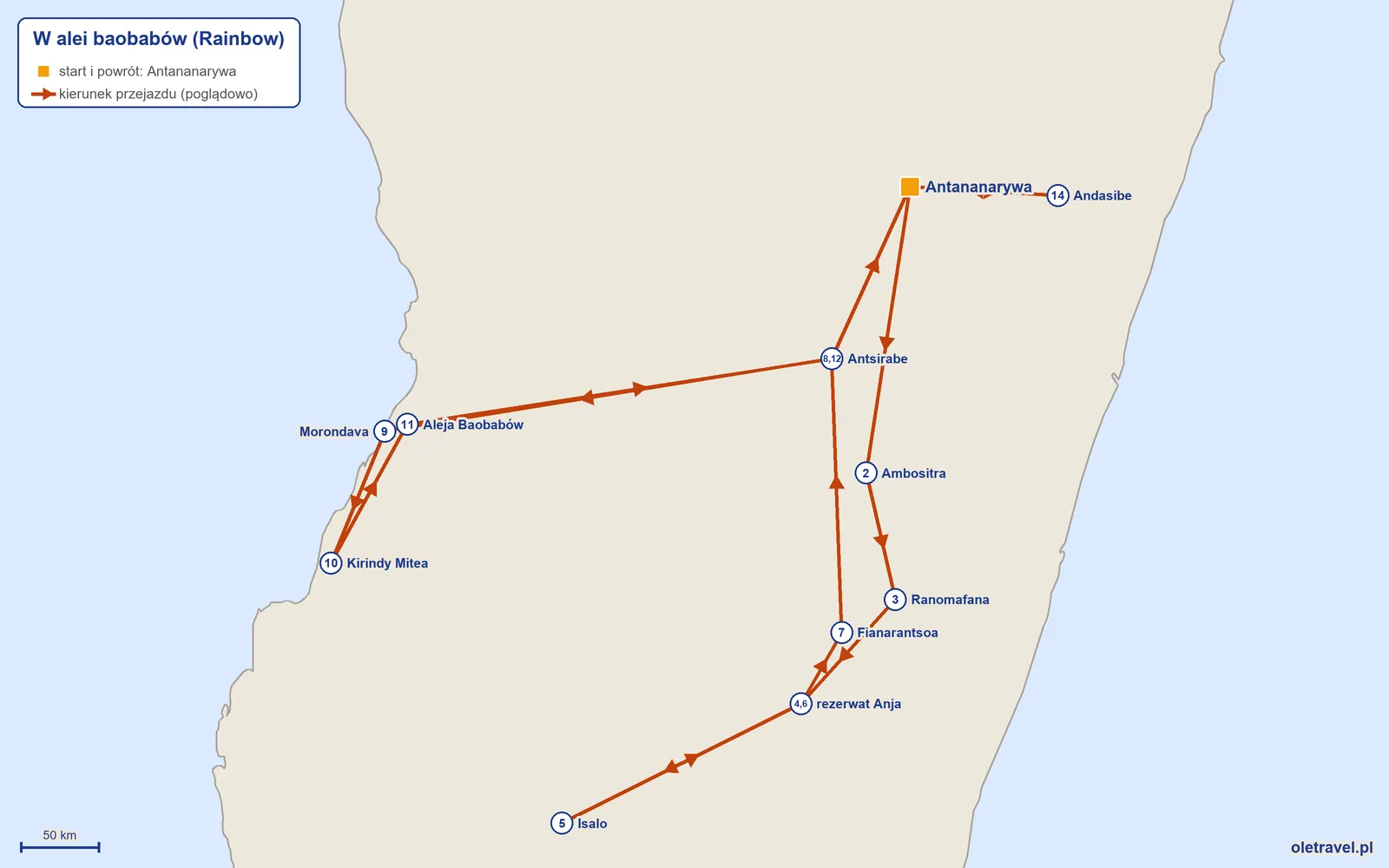 Mapa trasy wycieczki „W alei baobabów” z Rainbow: Antananarywa – Ambositra – Ranomafana – rezerwat Anja – Isalo – rezerwat Anja – Fianarantsoa – Antsirabe – Morondava – Kirindy Mitea – Aleja Baobabów – Antsirabe – Antananarywa – Andasibe – Antananarywa