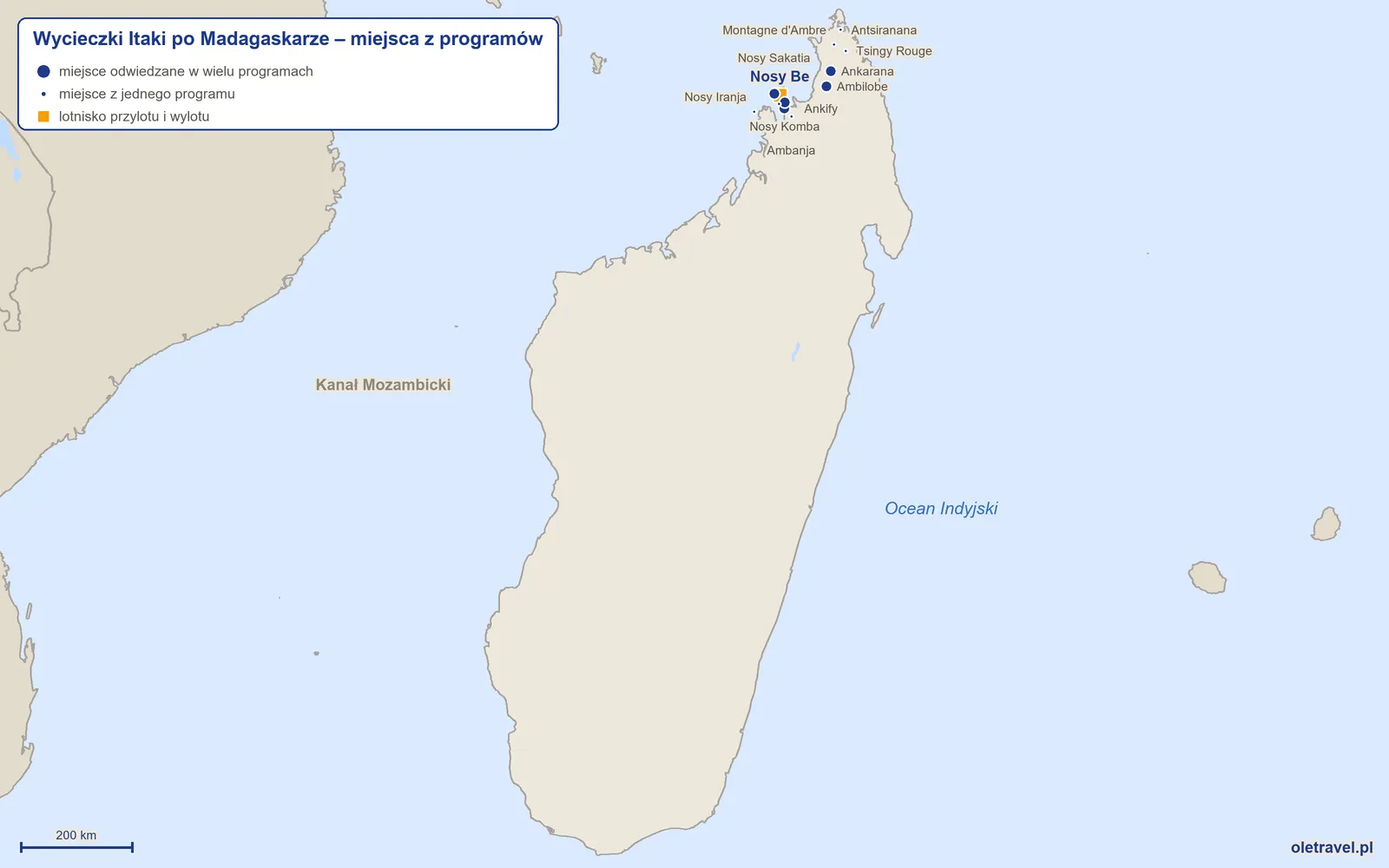 Mapa: Madagaskar z miejscami z programów wycieczek objazdowych Itaki