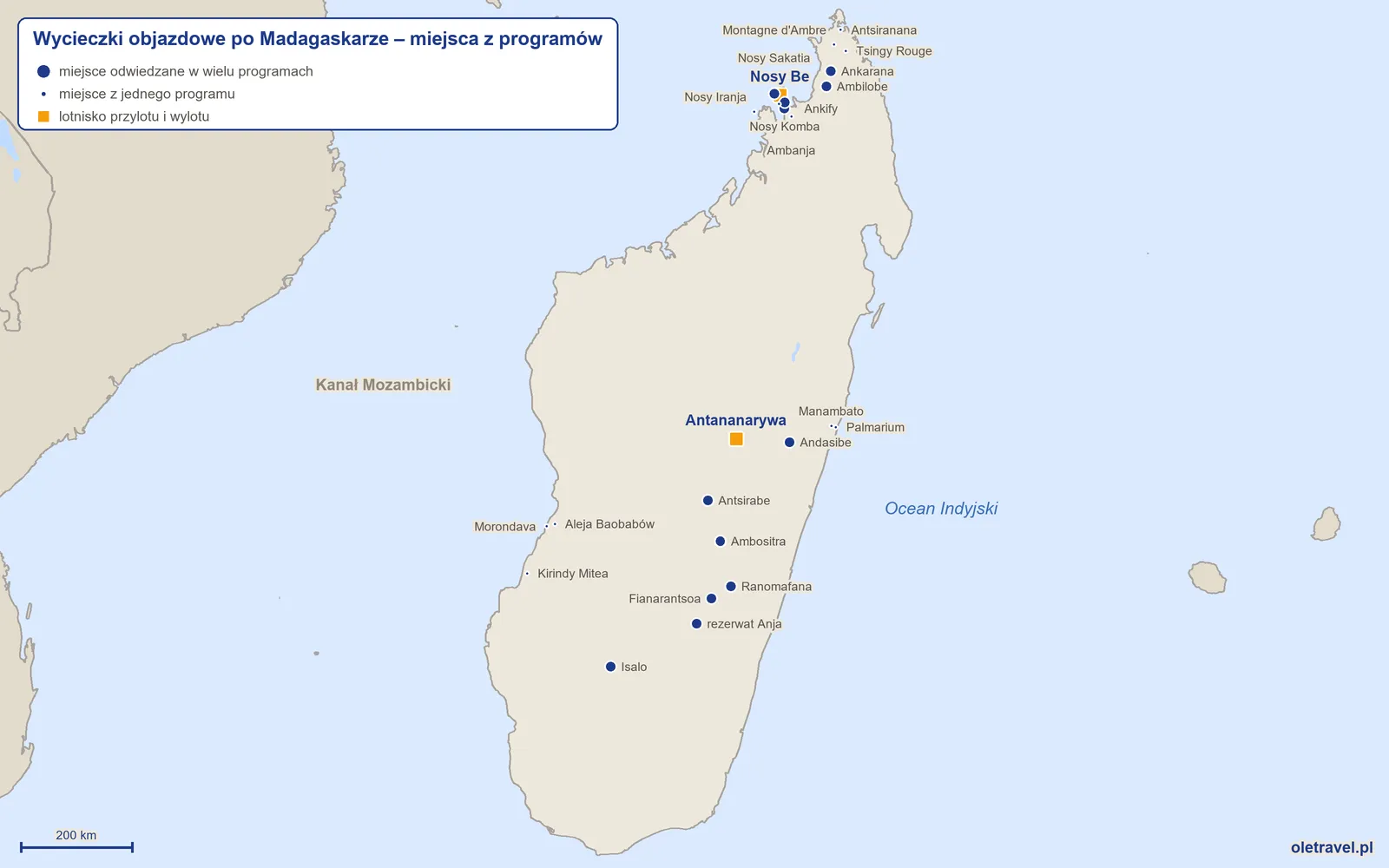 Mapa: Madagaskar z miejscami odwiedzanymi na wycieczkach objazdowych z naszej oferty