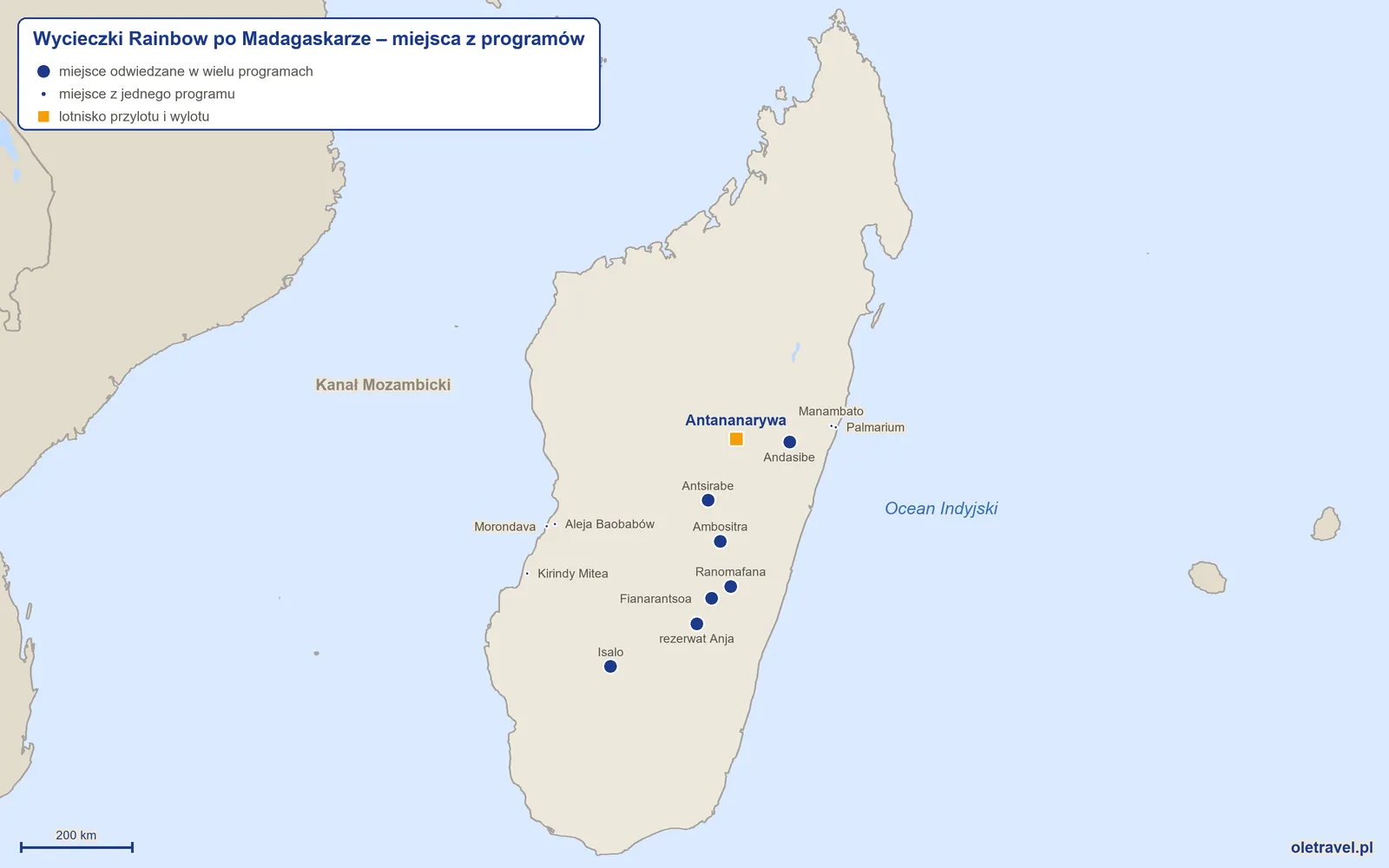 Mapa: Madagaskar z miejscami z programów wycieczek objazdowych Rainbow