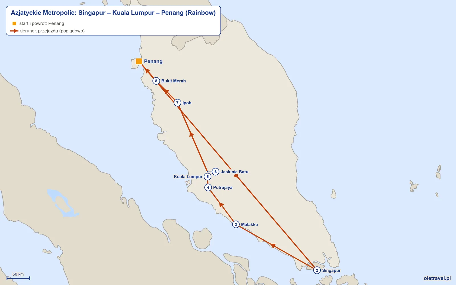 Mapa trasy wycieczki „Azjatyckie Metropolie: Singapur – Kuala Lumpur – Penang” z Rainbow: Penang – Singapur – Malakka – Putrajaya – Kuala Lumpur – Jaskinie Batu – Ipoh – Bukit Merah – Penang