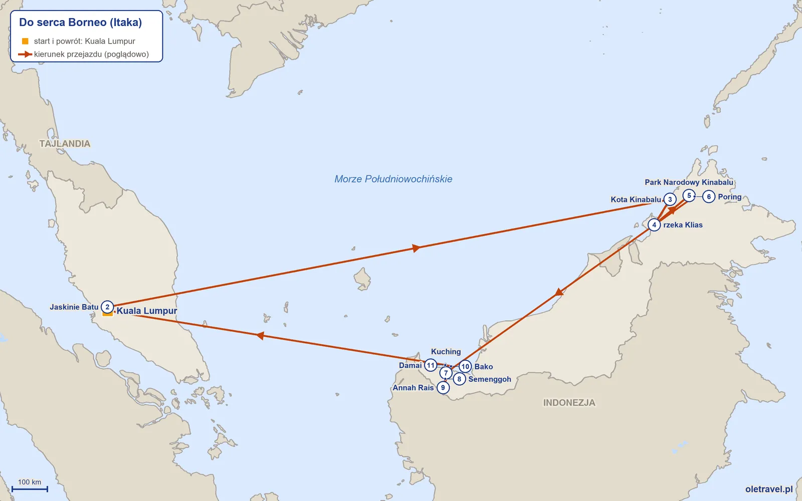 Mapa trasy wycieczki „Do serca Borneo” z Itaką: Kuala Lumpur – Jaskinie Batu – Kota Kinabalu – rzeka Klias – Park Narodowy Kinabalu – Poring – Kuching – Semenggoh – Annah Rais – Bako – Damai – Kuala Lumpur