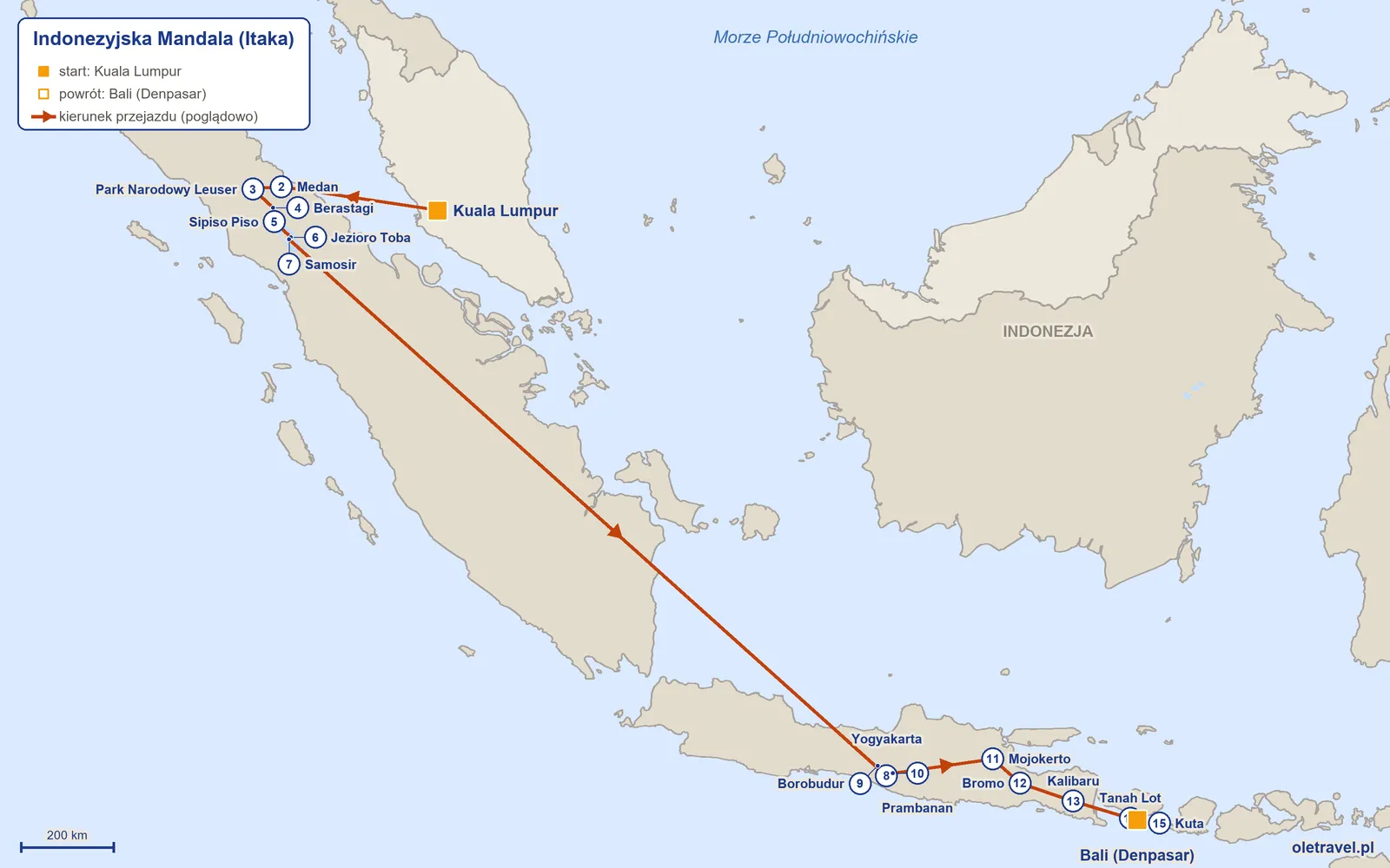 Mapa trasy wycieczki „Indonezyjska Mandala” z Itaką: Kuala Lumpur – Medan – Park Narodowy Leuser – Berastagi – Sipiso Piso – Jezioro Toba – Samosir – Yogyakarta – Borobudur – Prambanan – Mojokerto – Bromo – Kalibaru – Tanah Lot – Kuta – Bali (Denpasar)