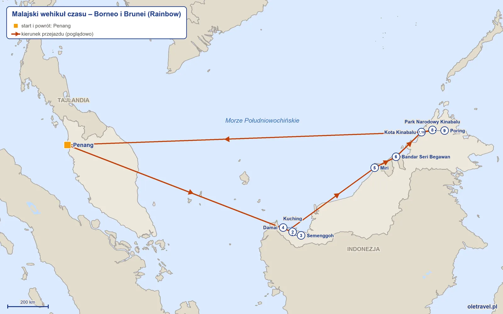Mapa trasy wycieczki „Malajski wehikuł czasu – Borneo i Brunei” z Rainbow: Penang – Kuching – Semenggoh – Damai – Miri – Bandar Seri Begawan – Kota Kinabalu – Park Narodowy Kinabalu – Poring – Kota Kinabalu – Penang
