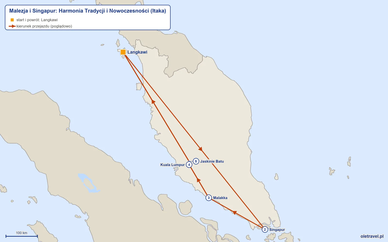 Mapa trasy wycieczki „Malezja i Singapur: Harmonia Tradycji i Nowoczesności” z Itaką: Langkawi – Singapur – Malakka – Kuala Lumpur – Jaskinie Batu – Langkawi