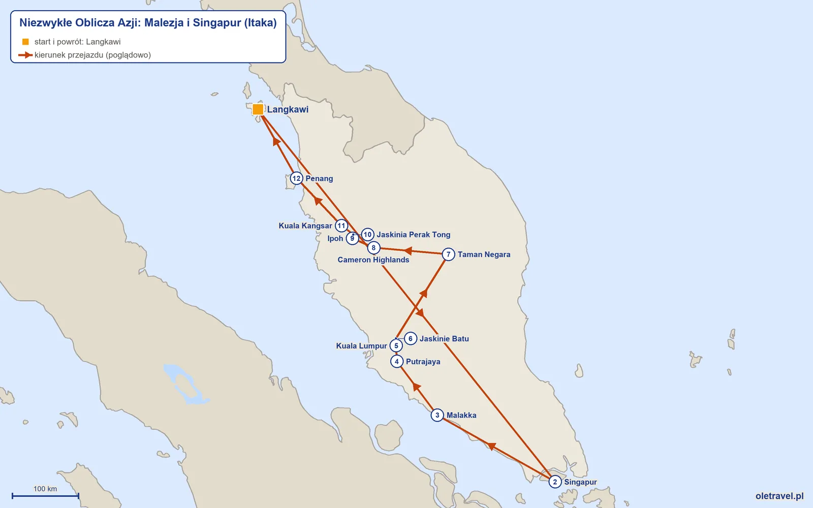 Mapa trasy wycieczki „Niezwykłe Oblicza Azji: Malezja i Singapur” z Itaką: Langkawi – Singapur – Malakka – Putrajaya – Kuala Lumpur – Jaskinie Batu – Taman Negara – Cameron Highlands – Ipoh – Jaskinia Perak Tong – Kuala Kangsar – Penang – Langkawi
