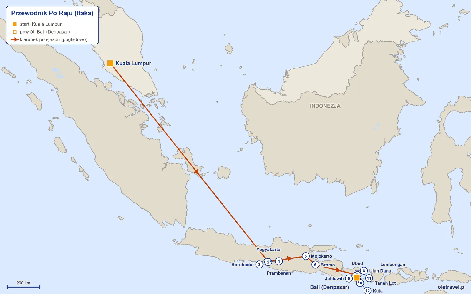 Mapa trasy wycieczki „Przewodnik Po Raju” z Itaką: Kuala Lumpur – Yogyakarta – Borobudur – Prambanan – Mojokerto – Bromo – Ubud – Ulun Danu – Jatiluwih – Tanah Lot – Lembongan – Kuta – Bali (Denpasar)