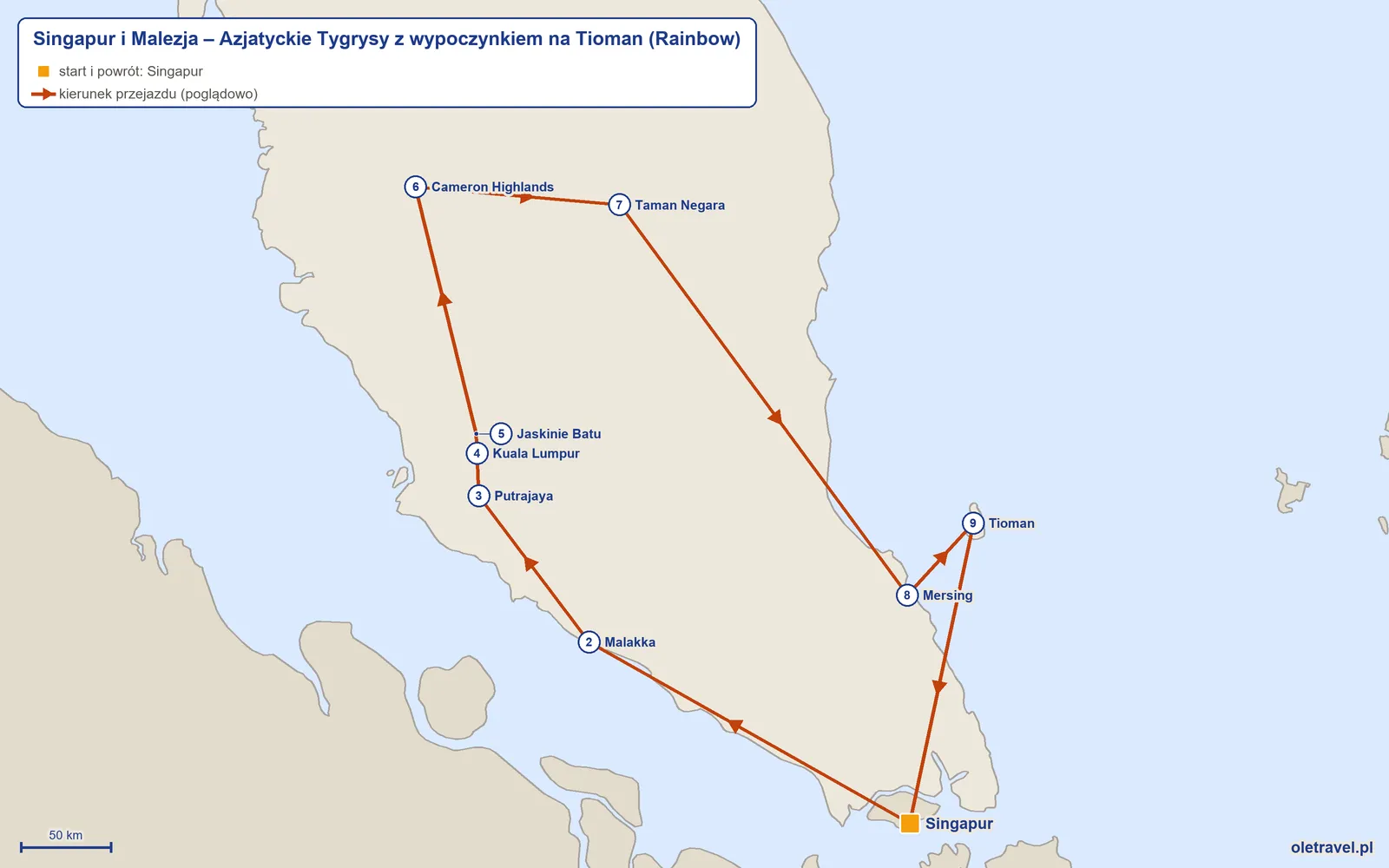 Mapa trasy wycieczki „Singapur i Malezja – Azjatyckie Tygrysy z wypoczynkiem na Tioman” z Rainbow: Singapur – Malakka – Putrajaya – Kuala Lumpur – Jaskinie Batu – Cameron Highlands – Taman Negara – Mersing – Tioman – Singapur