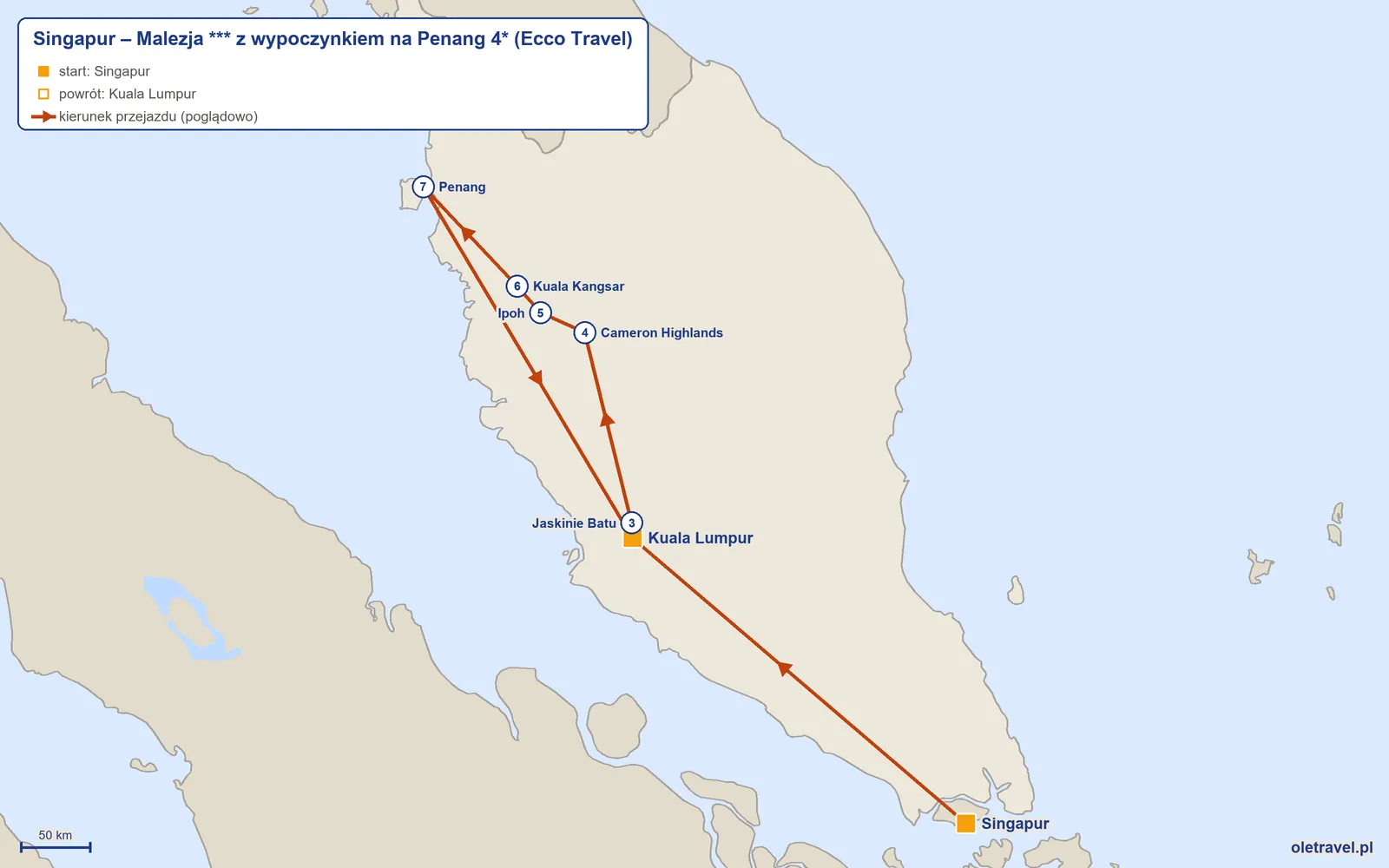 Mapa trasy wycieczki „Singapur – Malezja *** z wypoczynkiem na Penang 4*” z Ecco Travel: Singapur – Kuala Lumpur – Jaskinie Batu – Cameron Highlands – Ipoh – Kuala Kangsar – Penang – Kuala Lumpur
