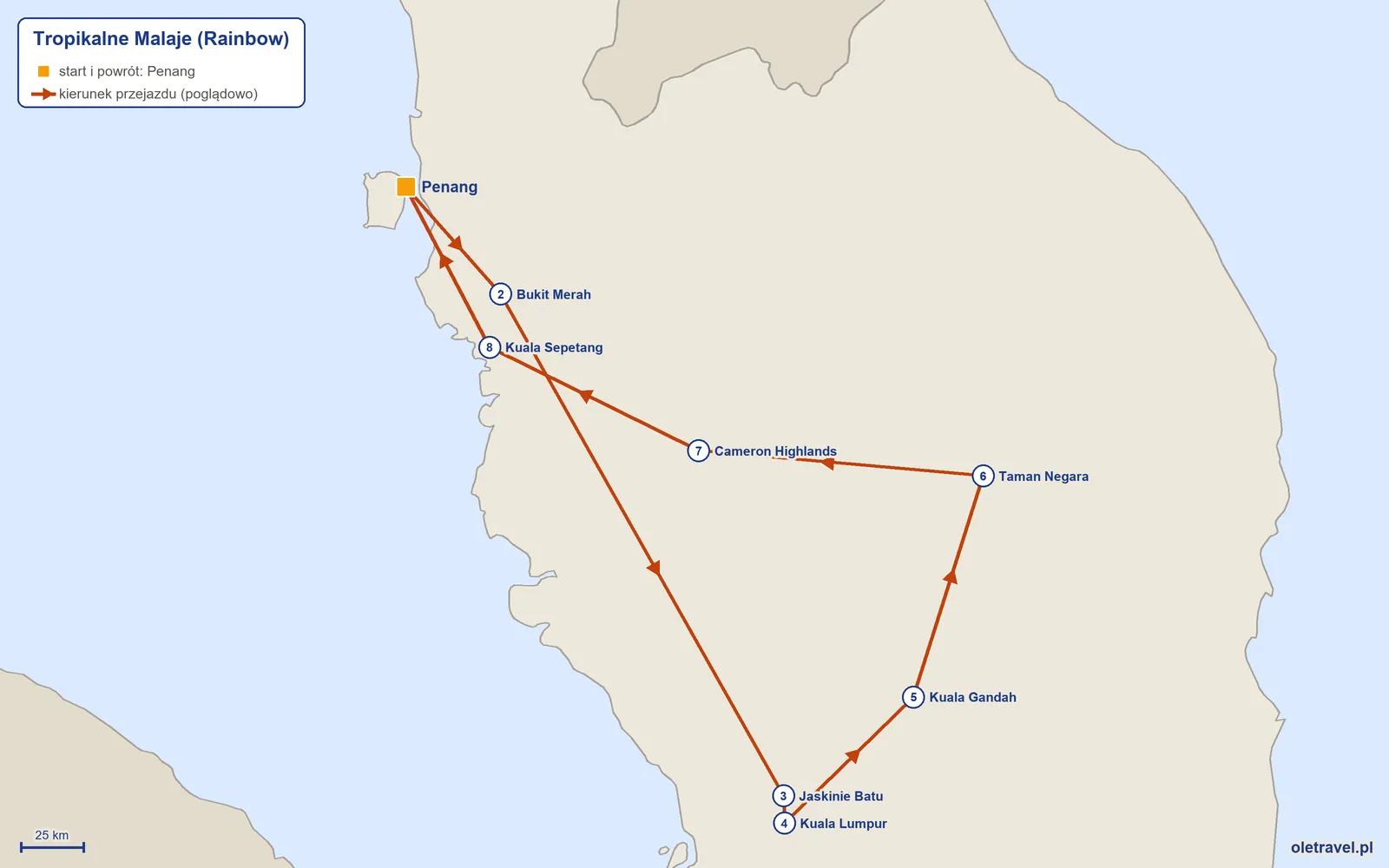 Mapa trasy wycieczki „Tropikalne Malaje” z Rainbow: Penang – Bukit Merah – Jaskinie Batu – Kuala Lumpur – Kuala Gandah – Taman Negara – Cameron Highlands – Kuala Sepetang – Penang